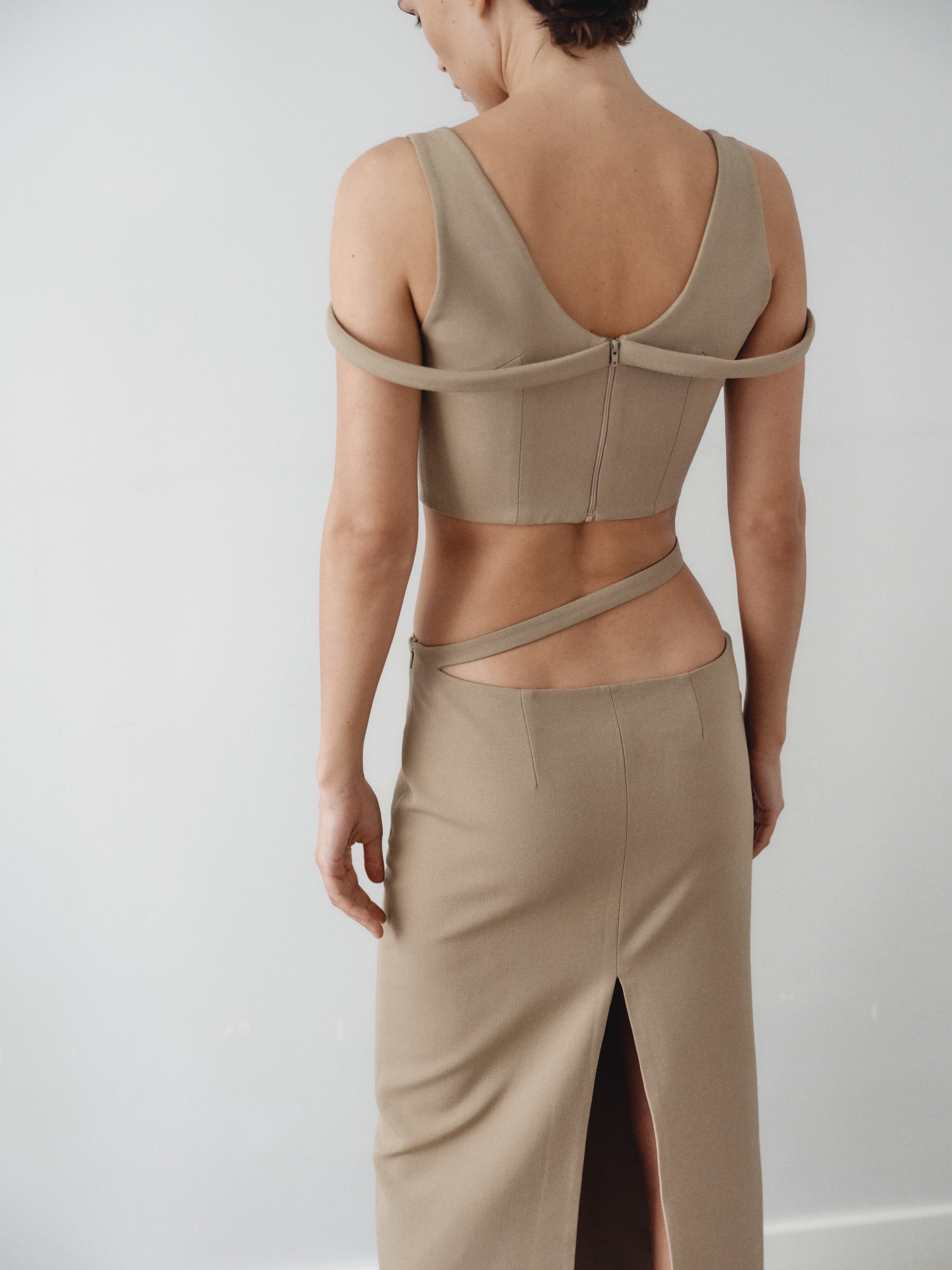 Camel Crop Top with Hand-Made Gold Pleated Accesory