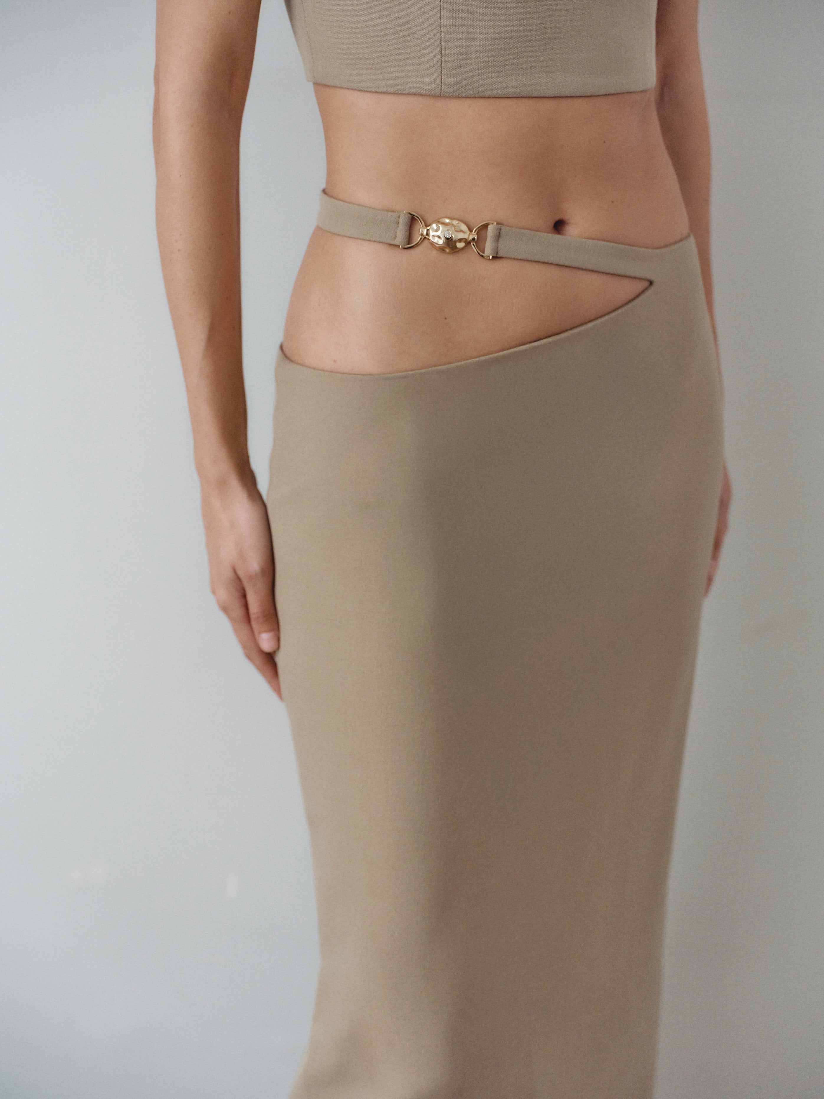 Camel Midi Skirt with Hand-Made Gold Pleated Accesory