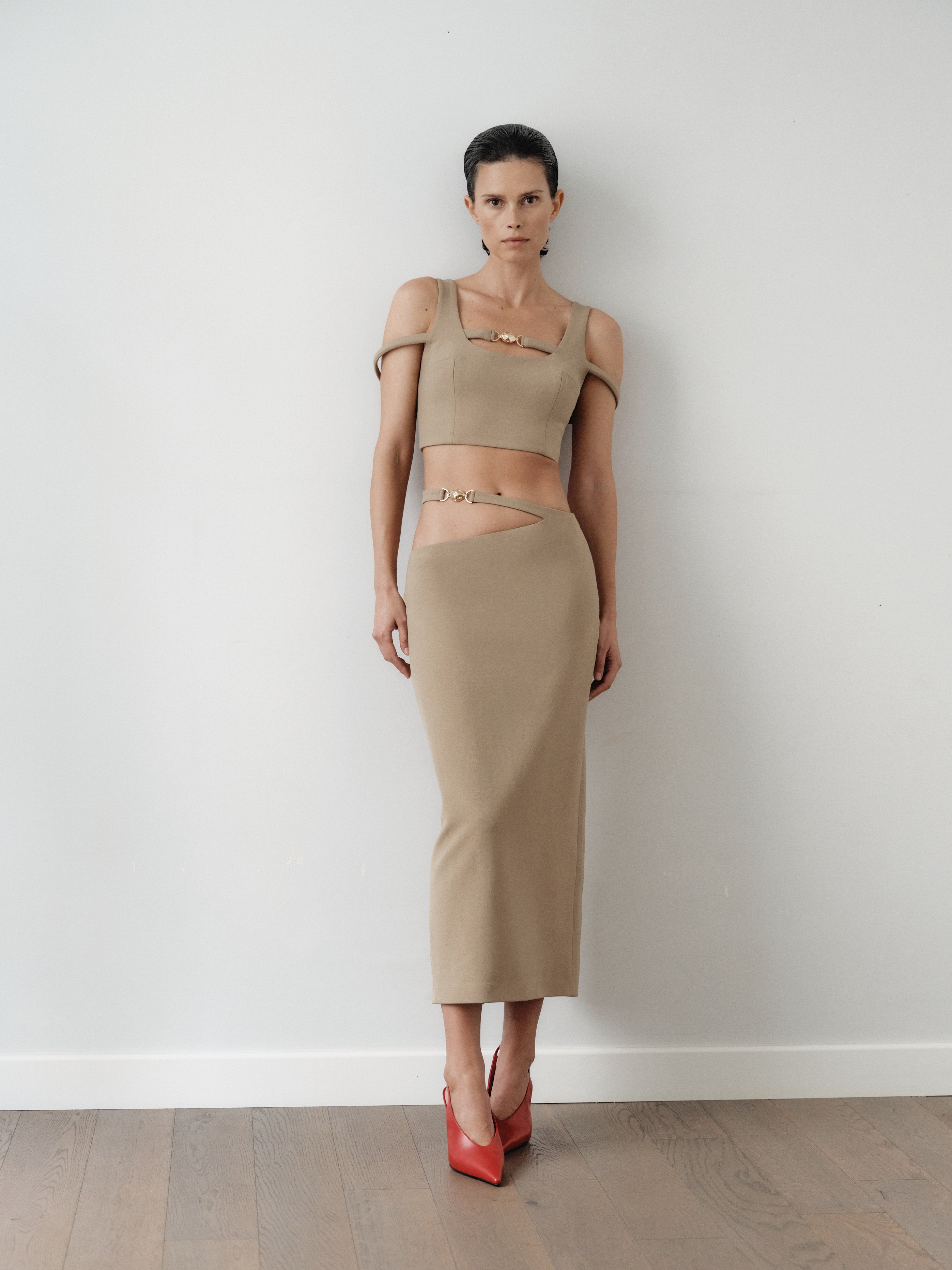 Camel Midi Skirt with Hand-Made Gold Pleated Accesory