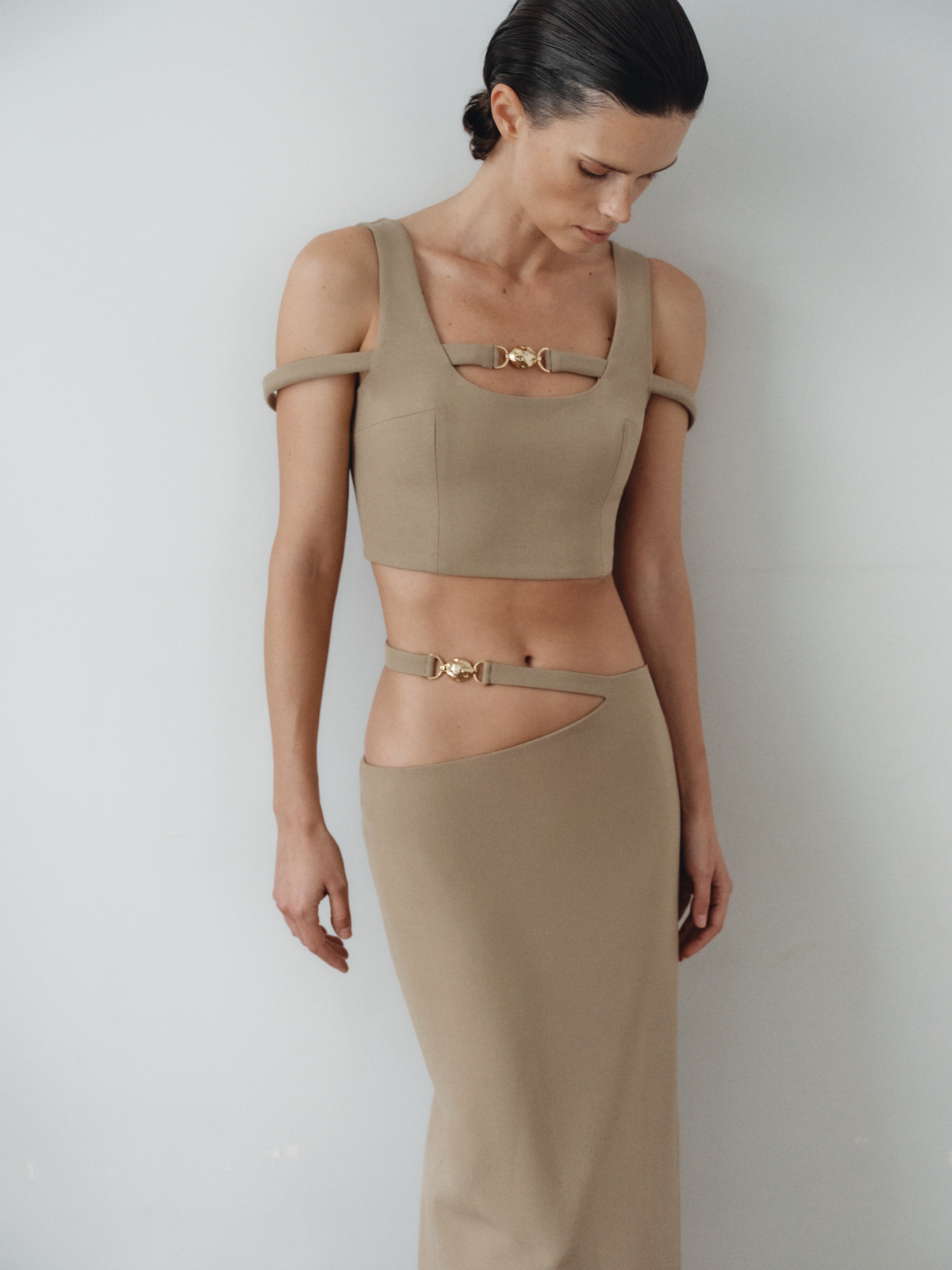 Camel Crop Top with Hand-Made Gold Pleated Accesory