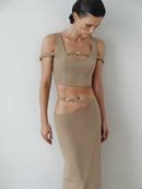 Camel Midi Skirt with Hand-Made Gold Pleated Accesory