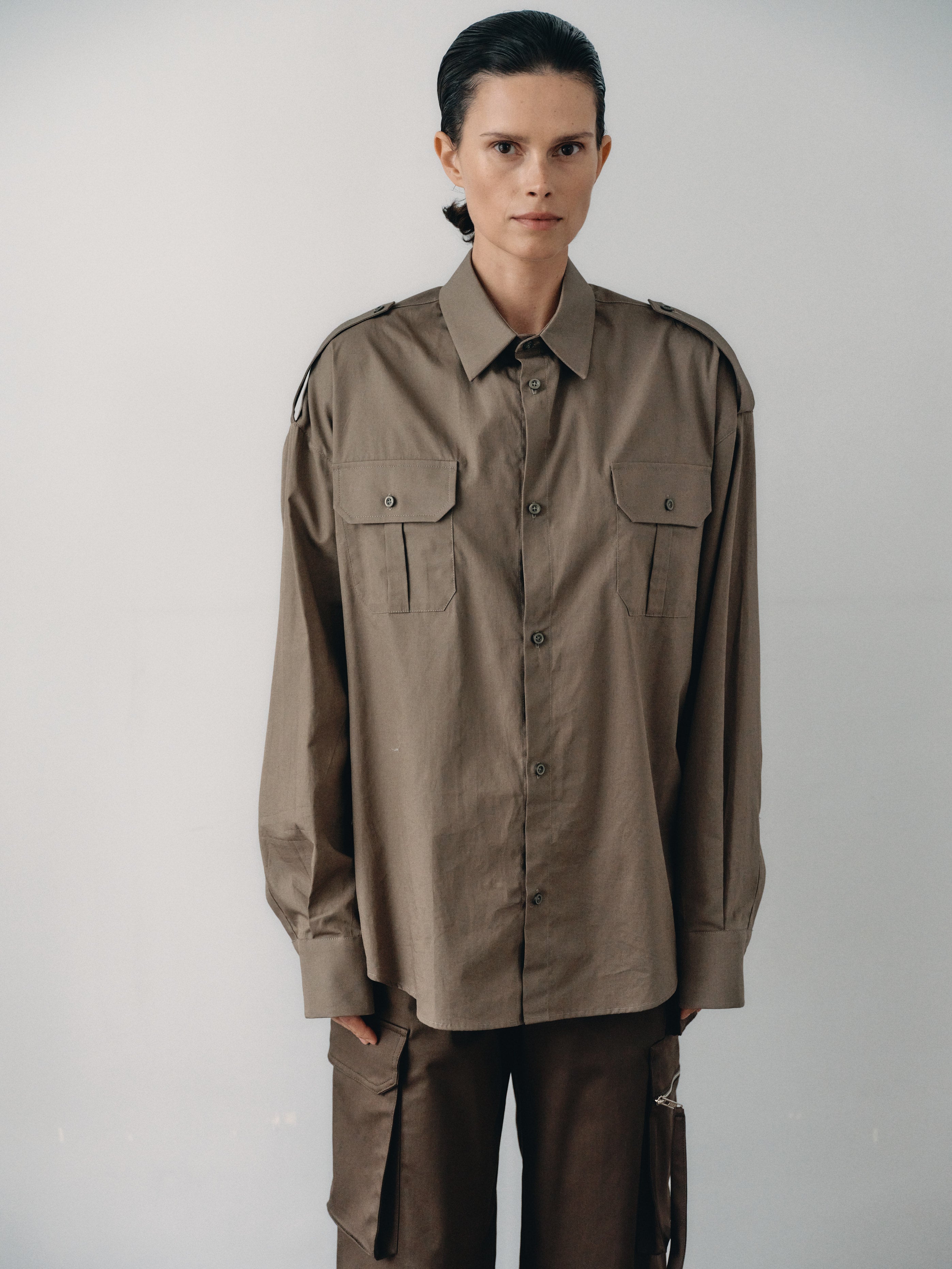 Khaki Oversized Unisex Shirt with Pockets