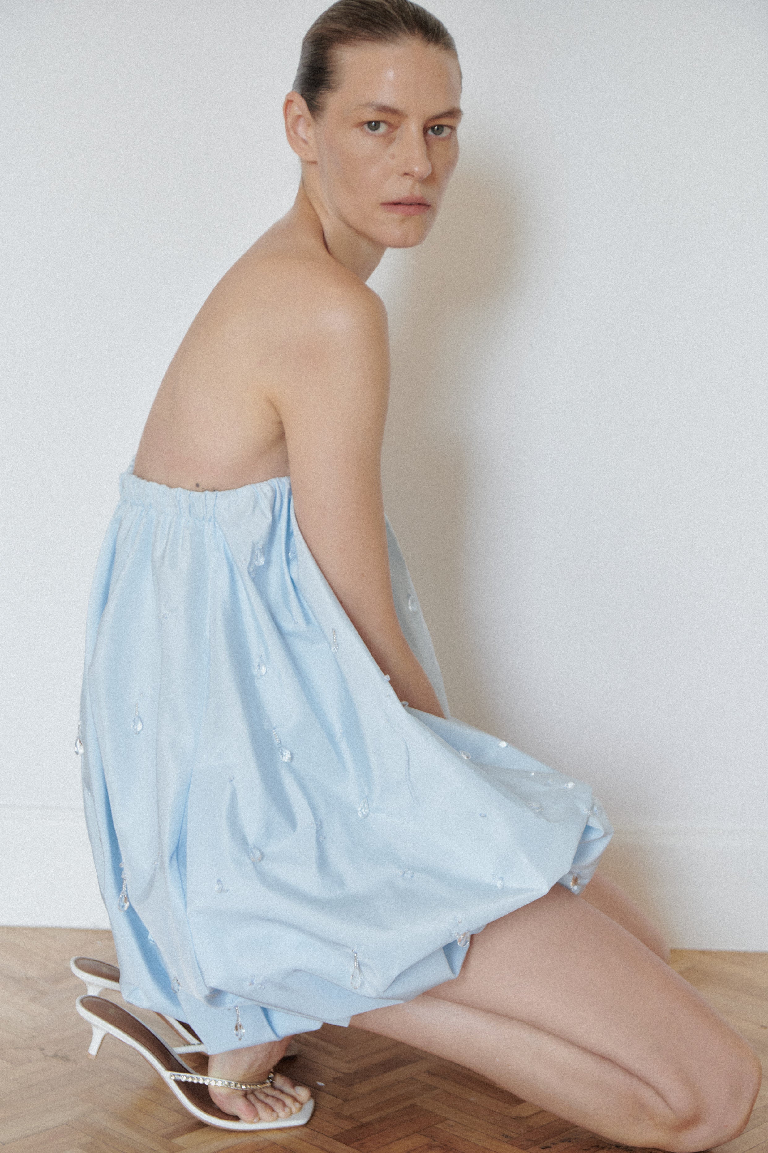 Baby Blue Mini Baloon Dress with Beads