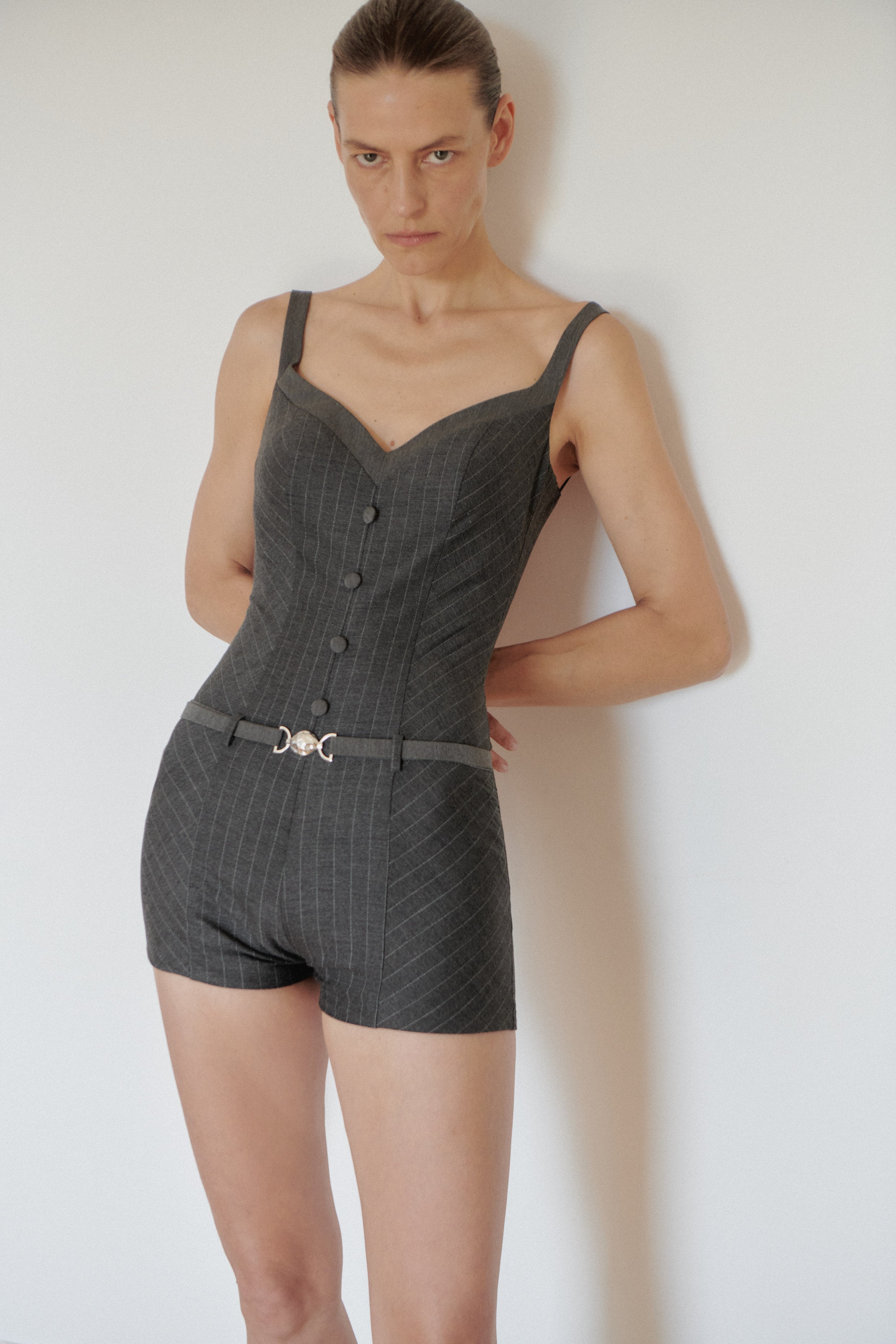 Antrachite Mini Jumpsuit with Hand-Made Accesorized Belt