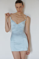Baby Blue Satin Mini Dress with Hand-Made Gold Plated Accesory