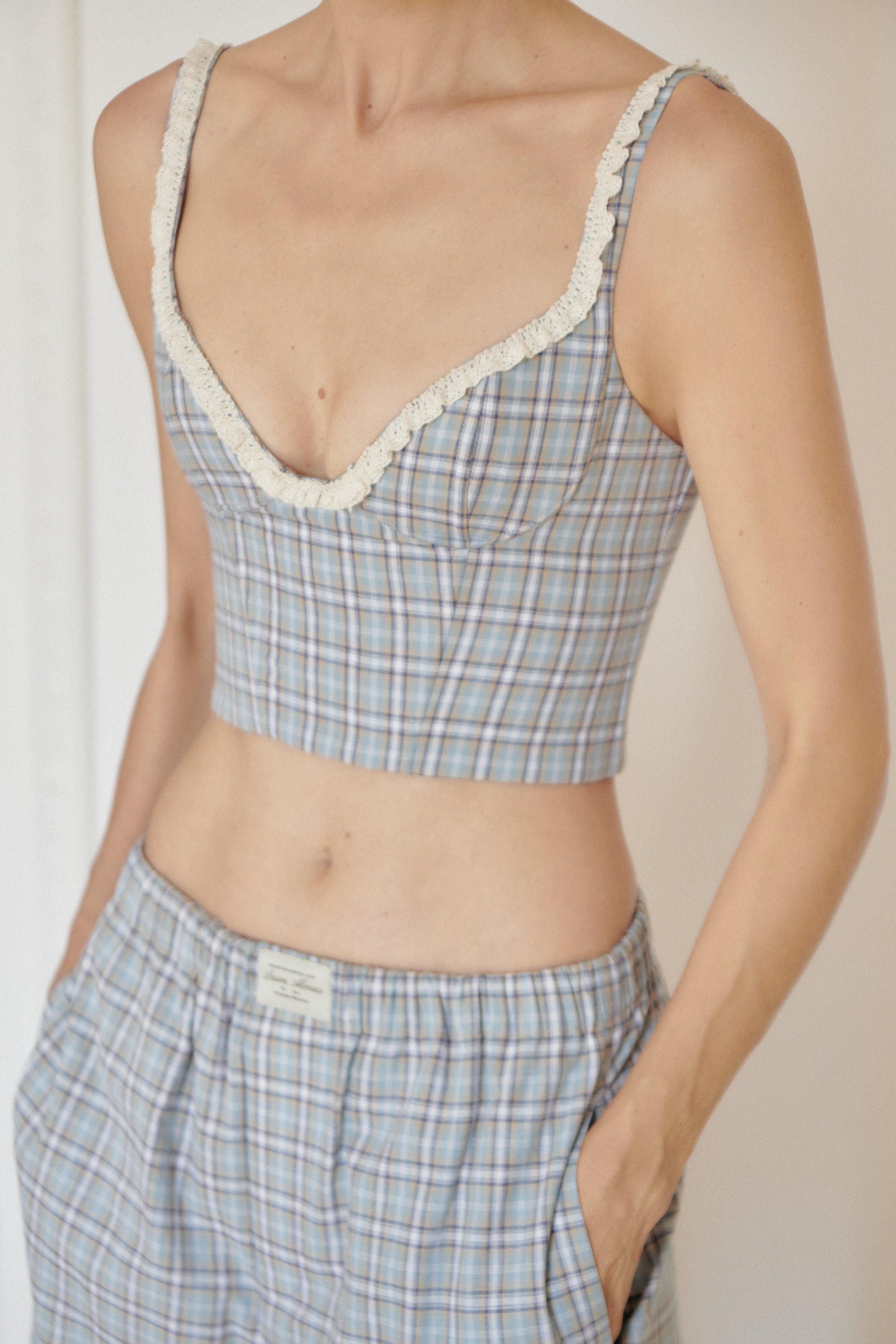 Blue Plaid Corset Top With Lace Details