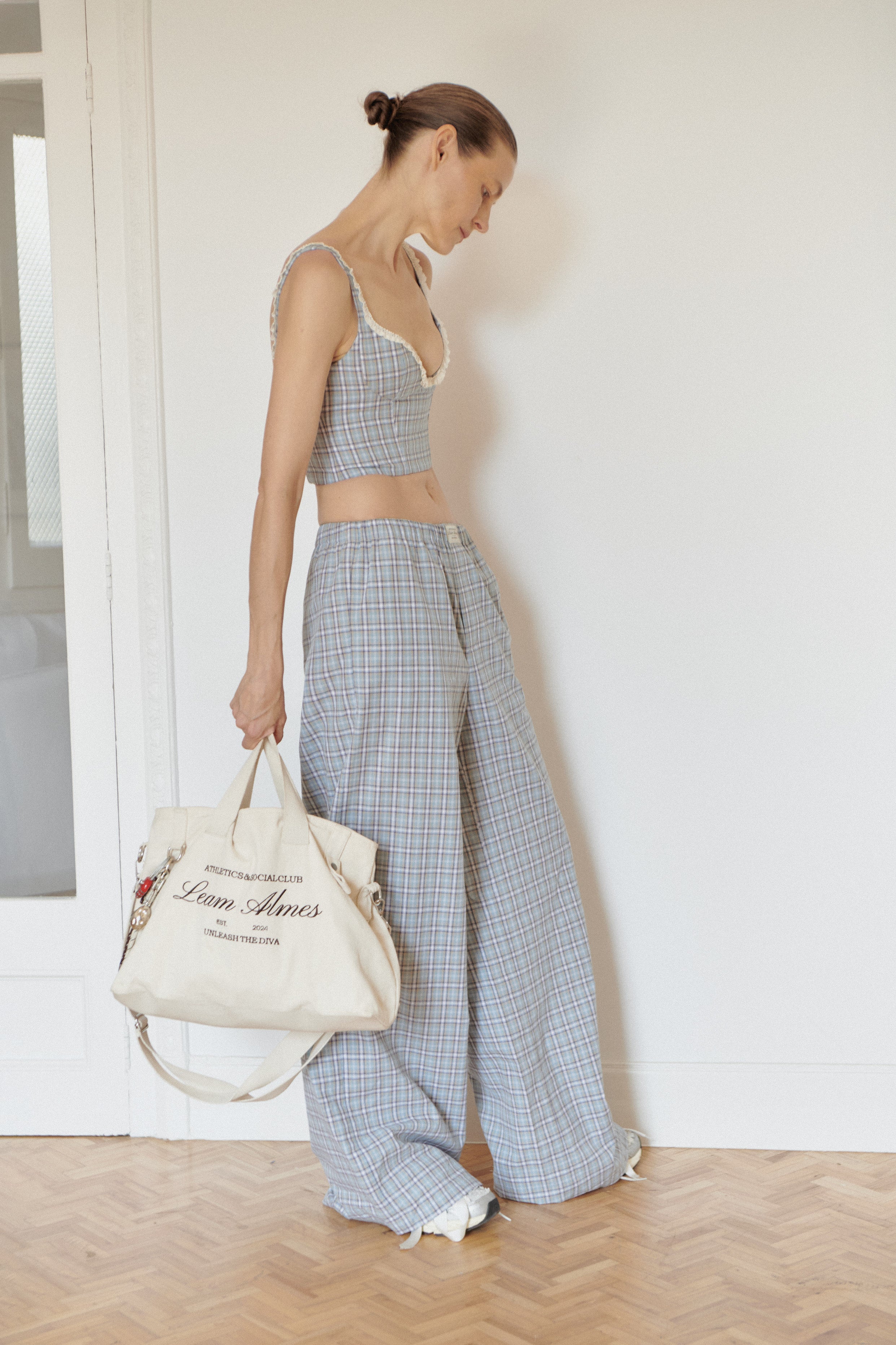 Blue Plaid Cotton Poplin Pants
