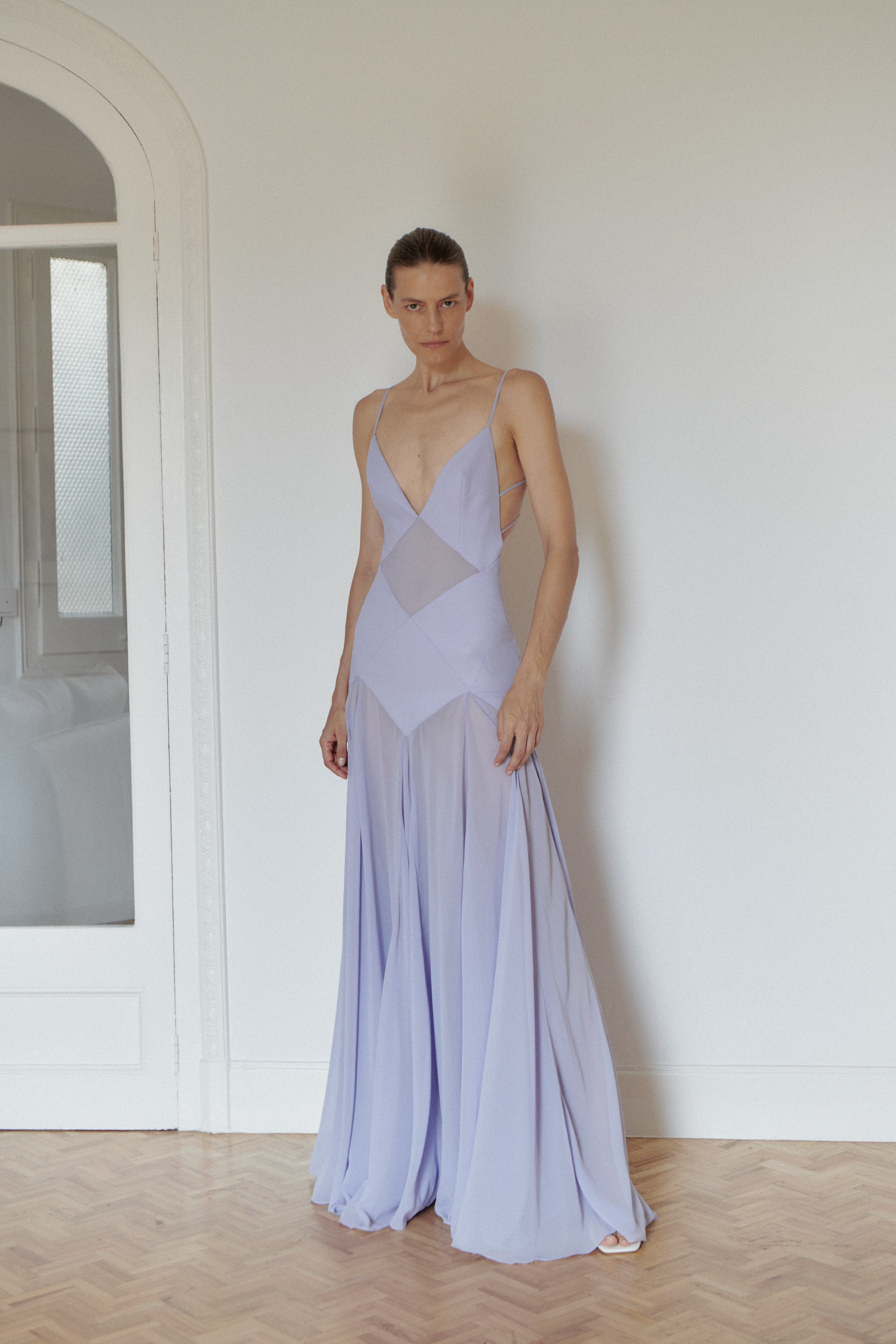 Lilac Long Dress with Open Back and Stripes