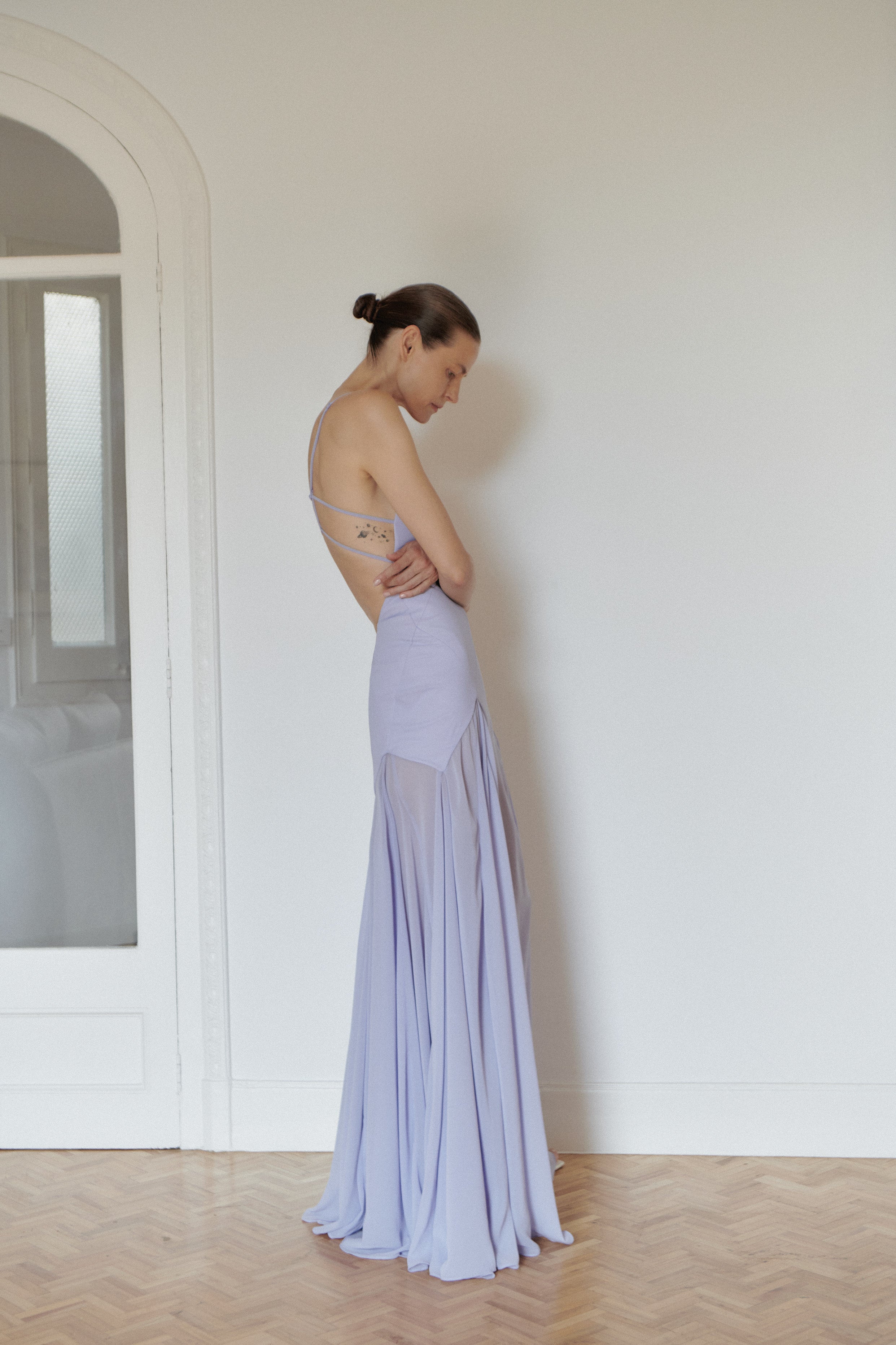 Lilac Long Dress with Open Back and Stripes – LEAM ALMES
