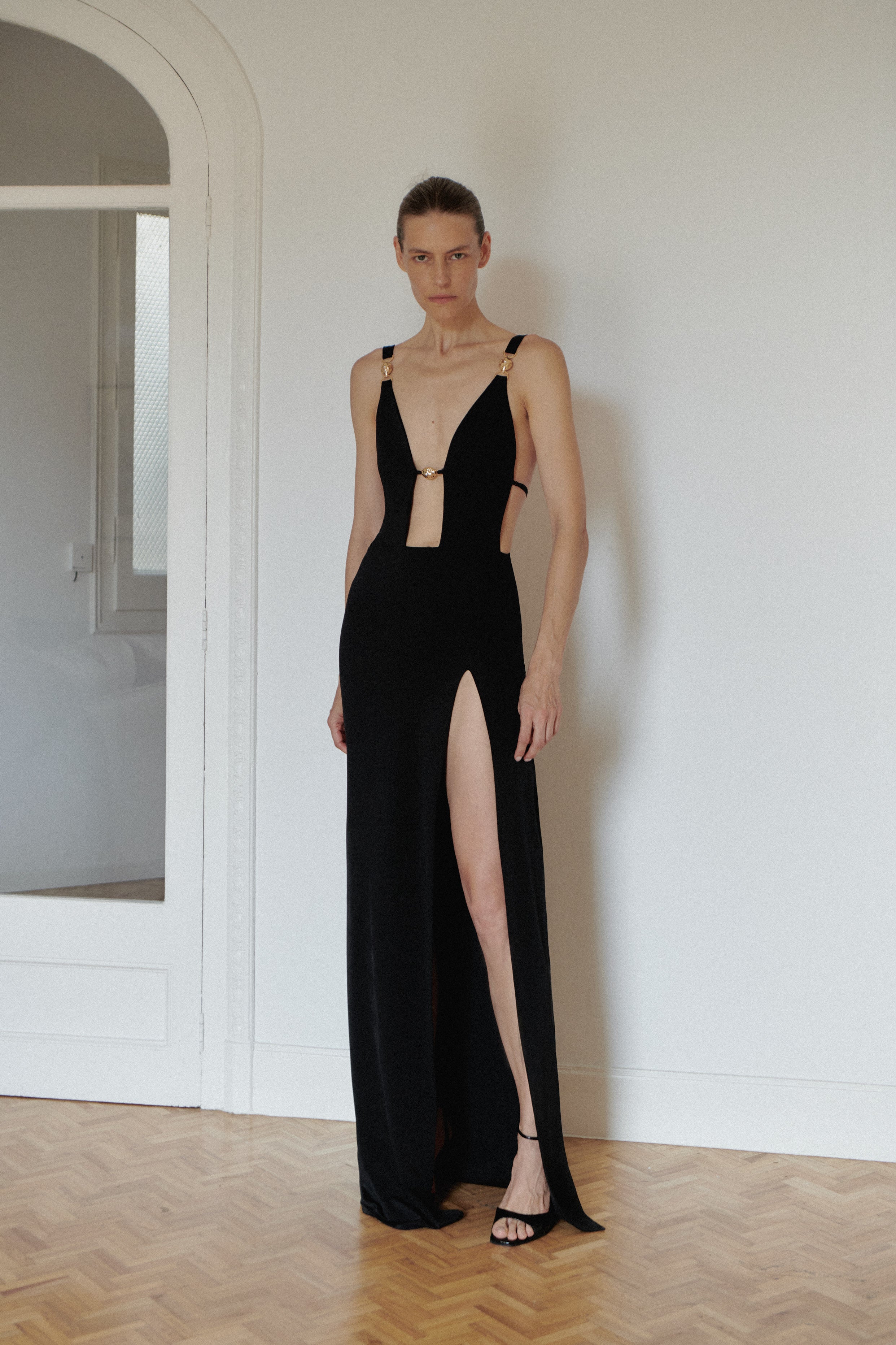 Black Maxi Dress with Hand-made Gold Pleated Accesories