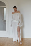 White Off Shoulder Chiffon Dress with Side Slit