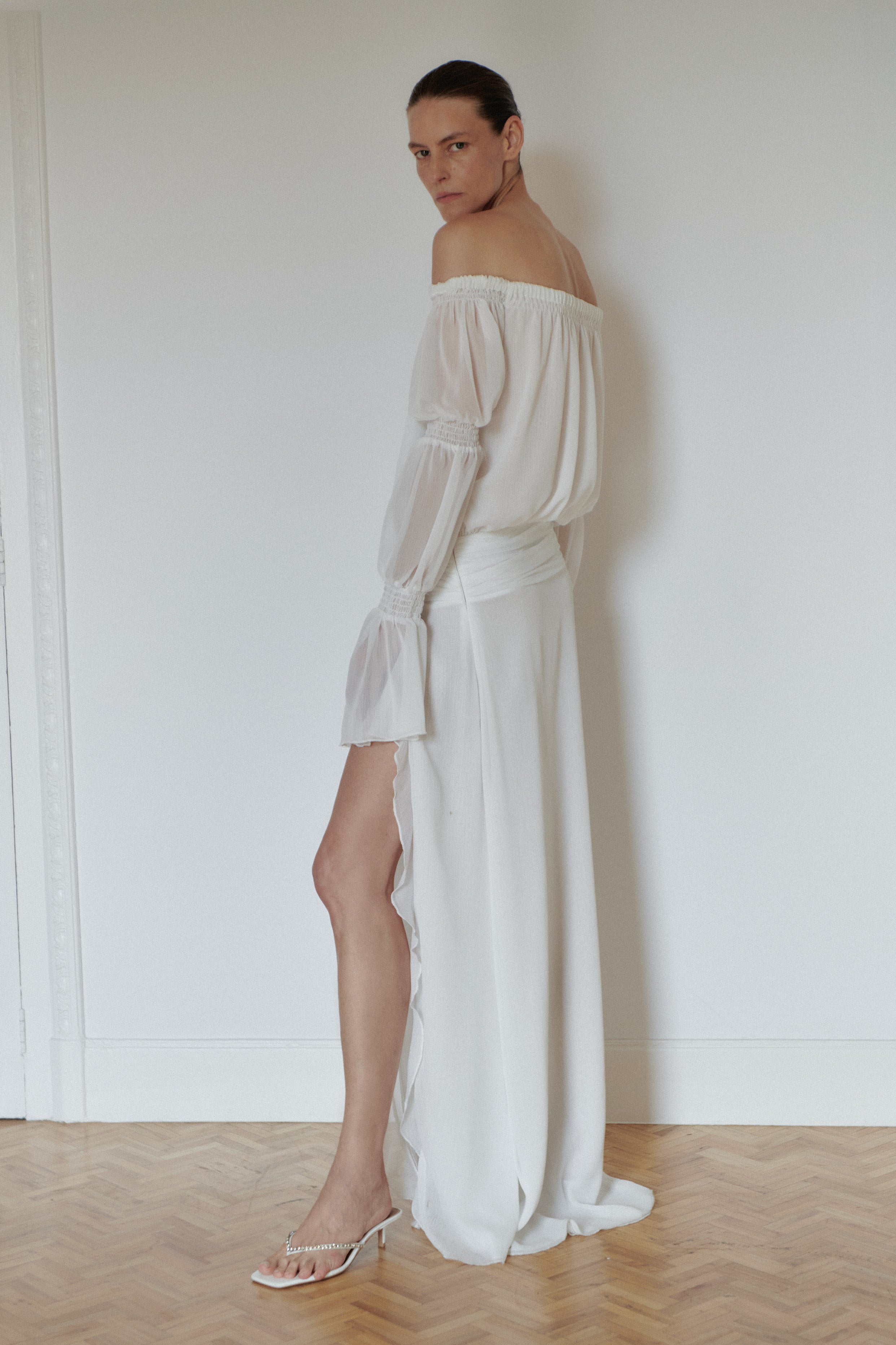 White Off Shoulder Chiffon Dress with Side Slit