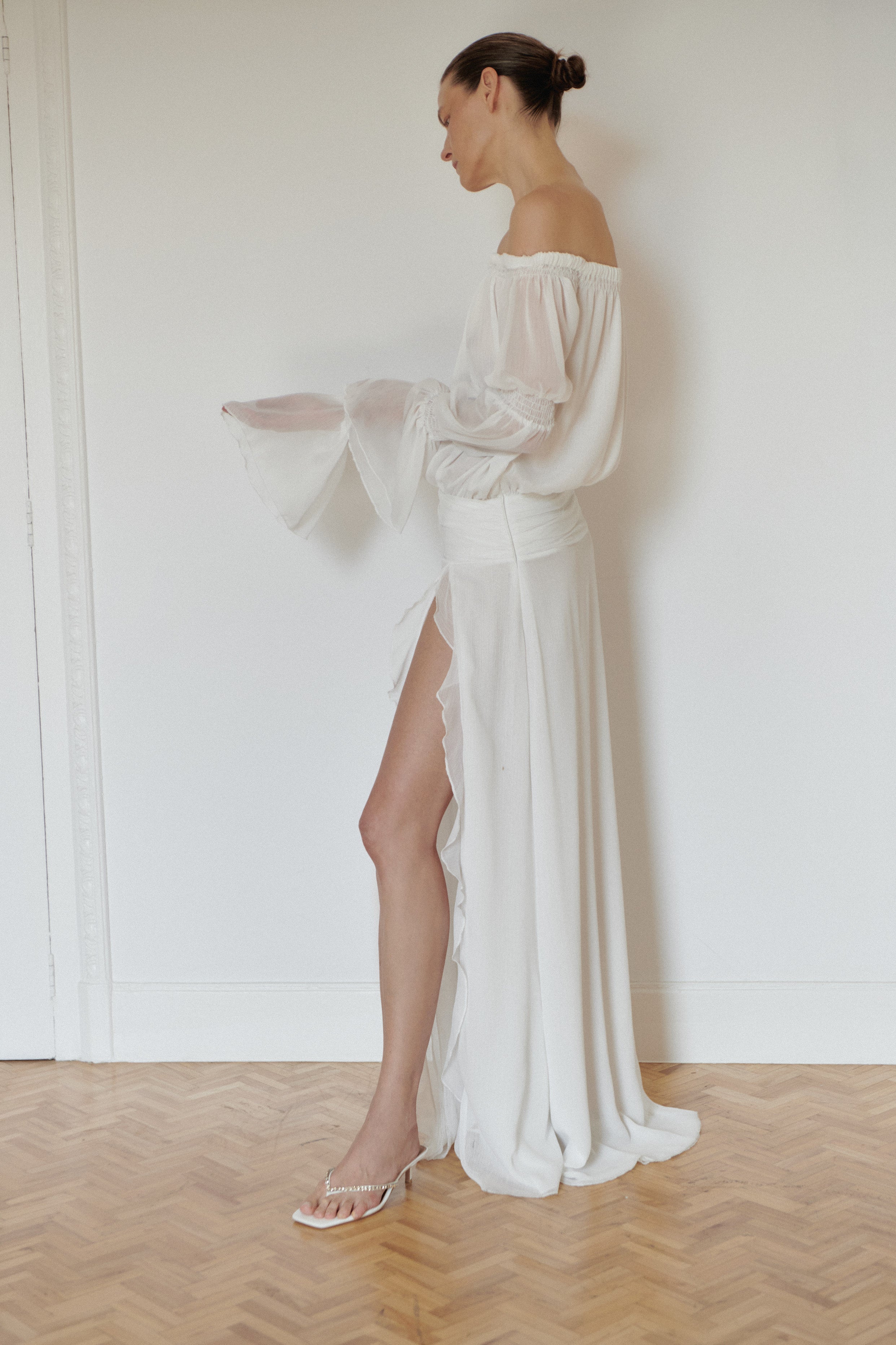 White Off Shoulder Chiffon Dress with Side Slit