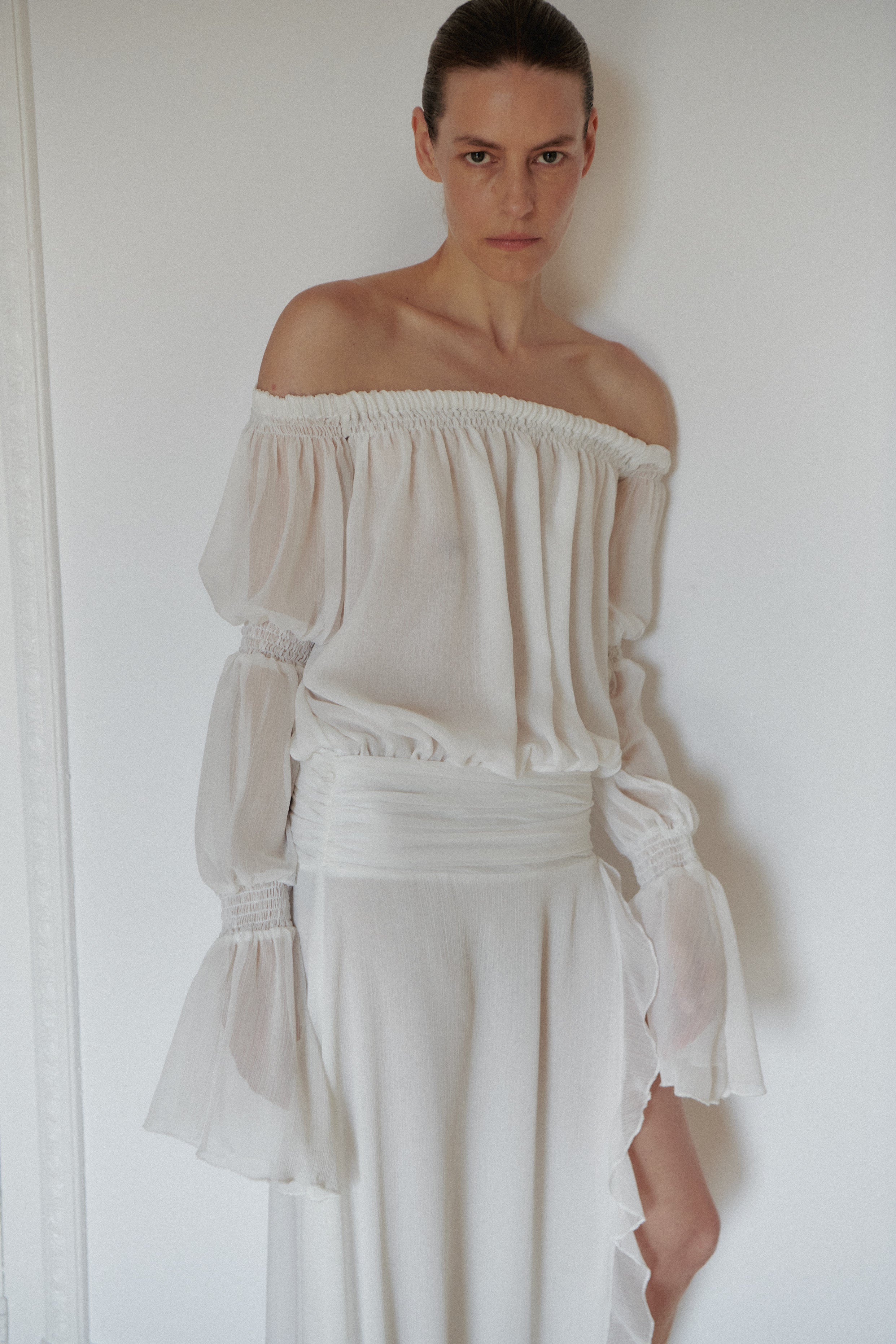 White Off Shoulder Chiffon Dress with Side Slit