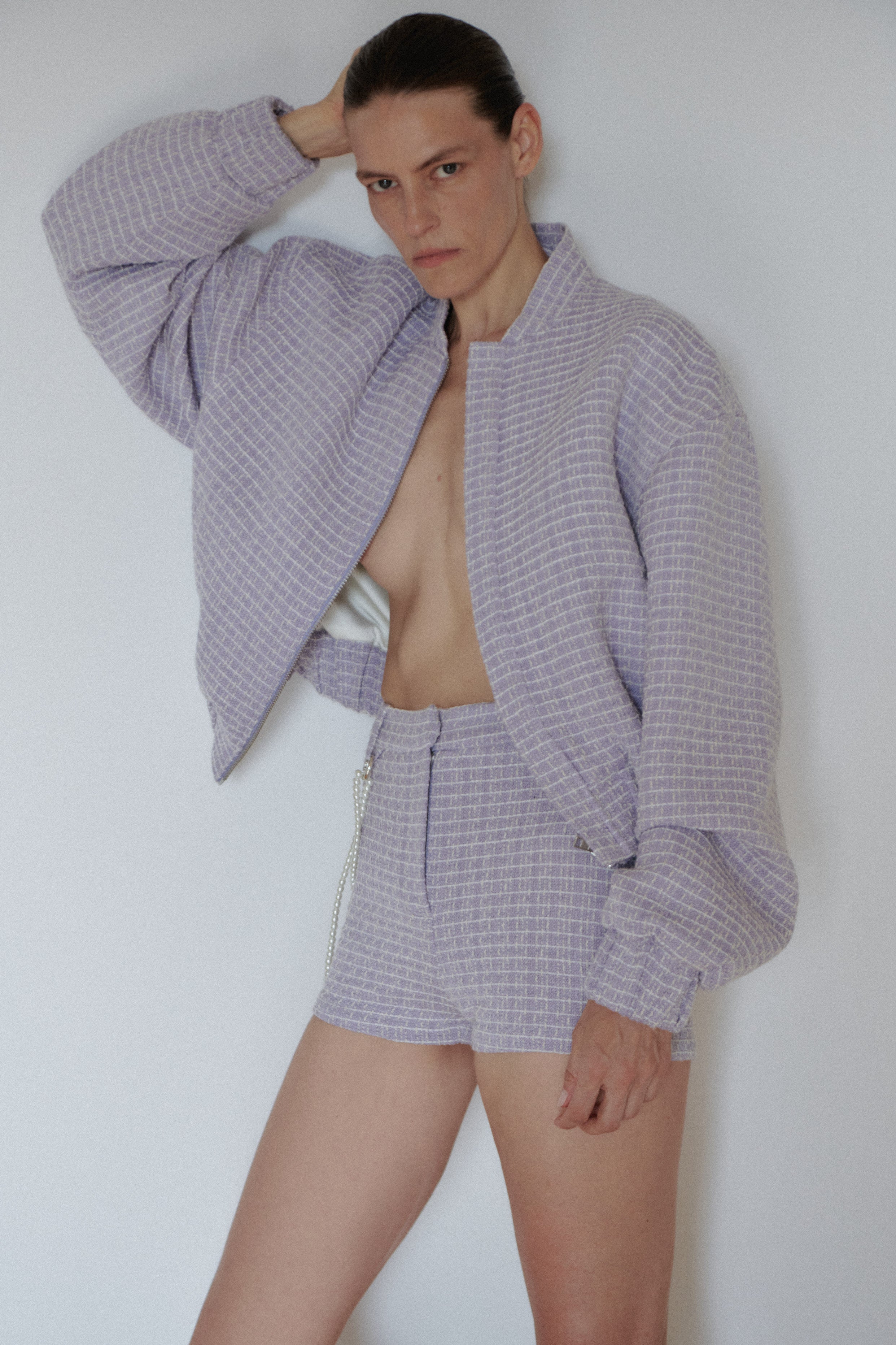 Lilac Wool Tweed Mini Shorts with Pearl