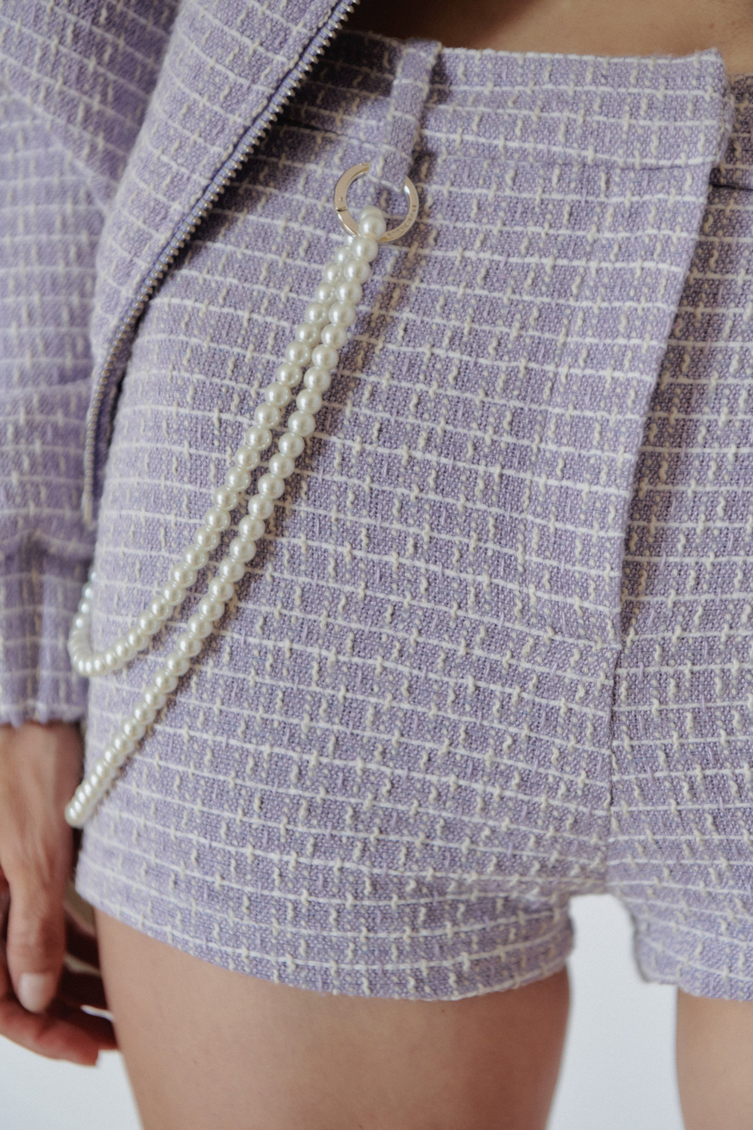 Lilac Wool Tweed Mini Shorts with Pearl