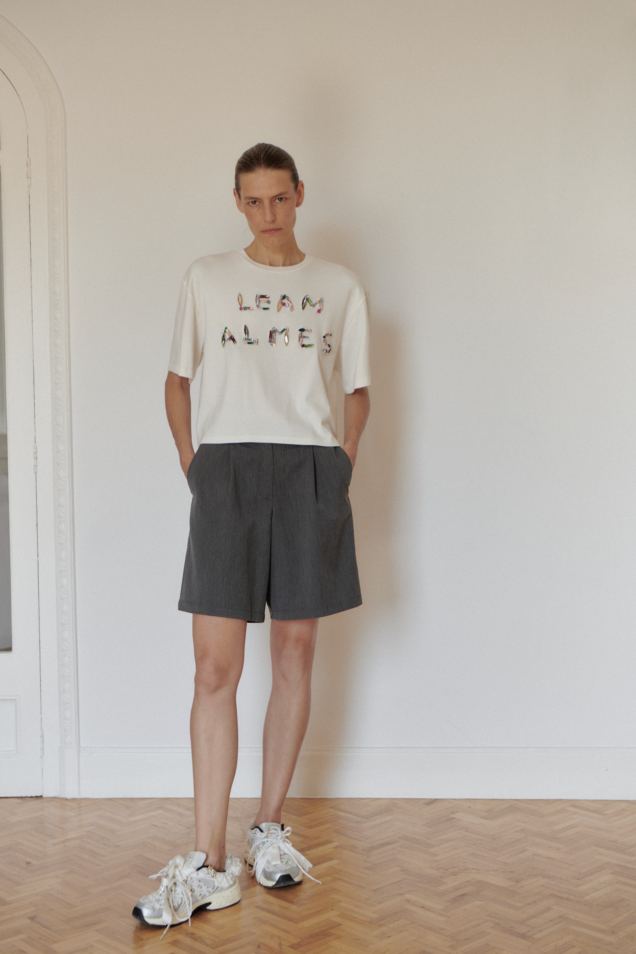 White Crop Stone Embellished Logo T-shirt