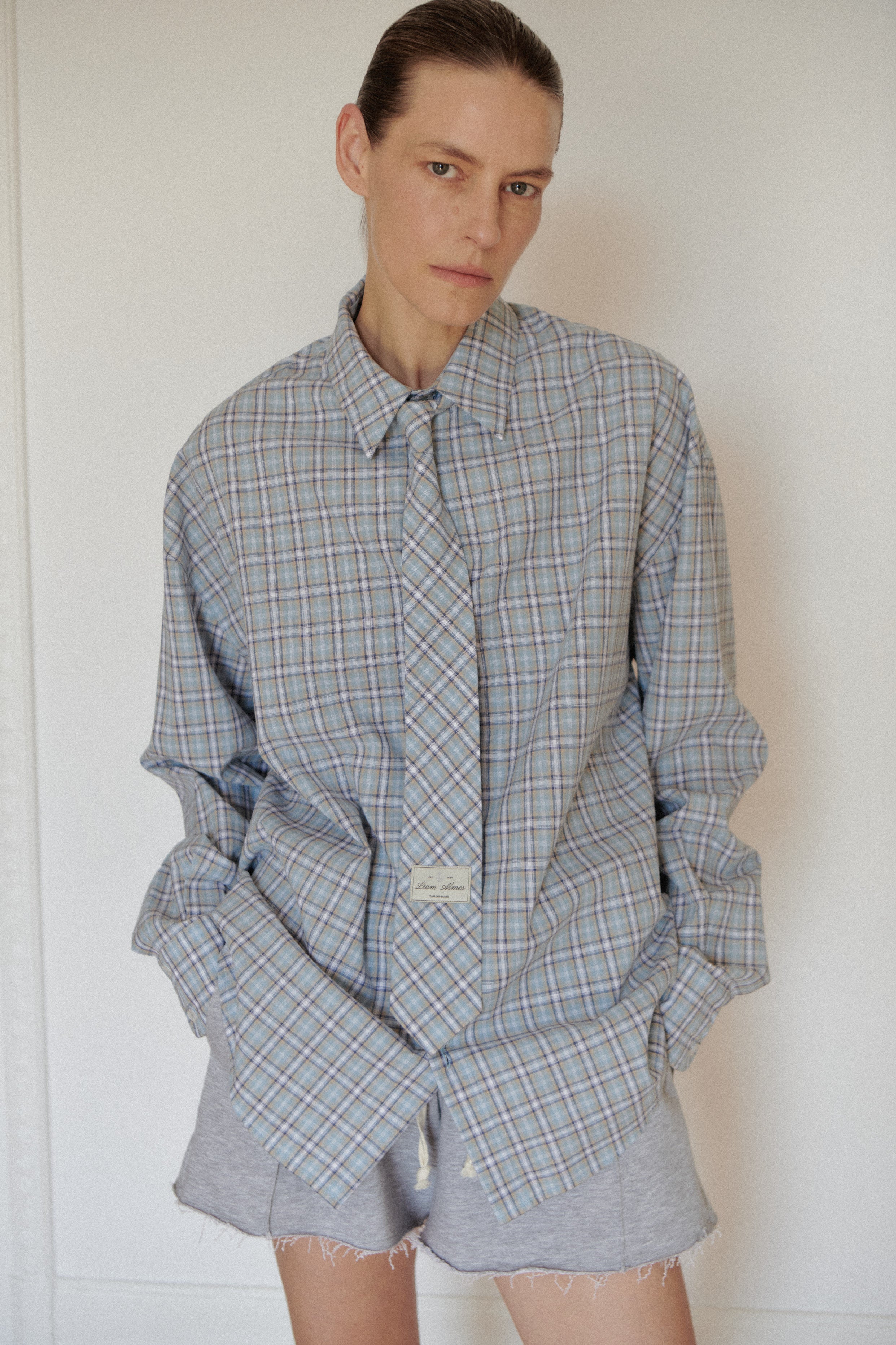 Blue Plaid Oversize Unisex Shirt with Tie