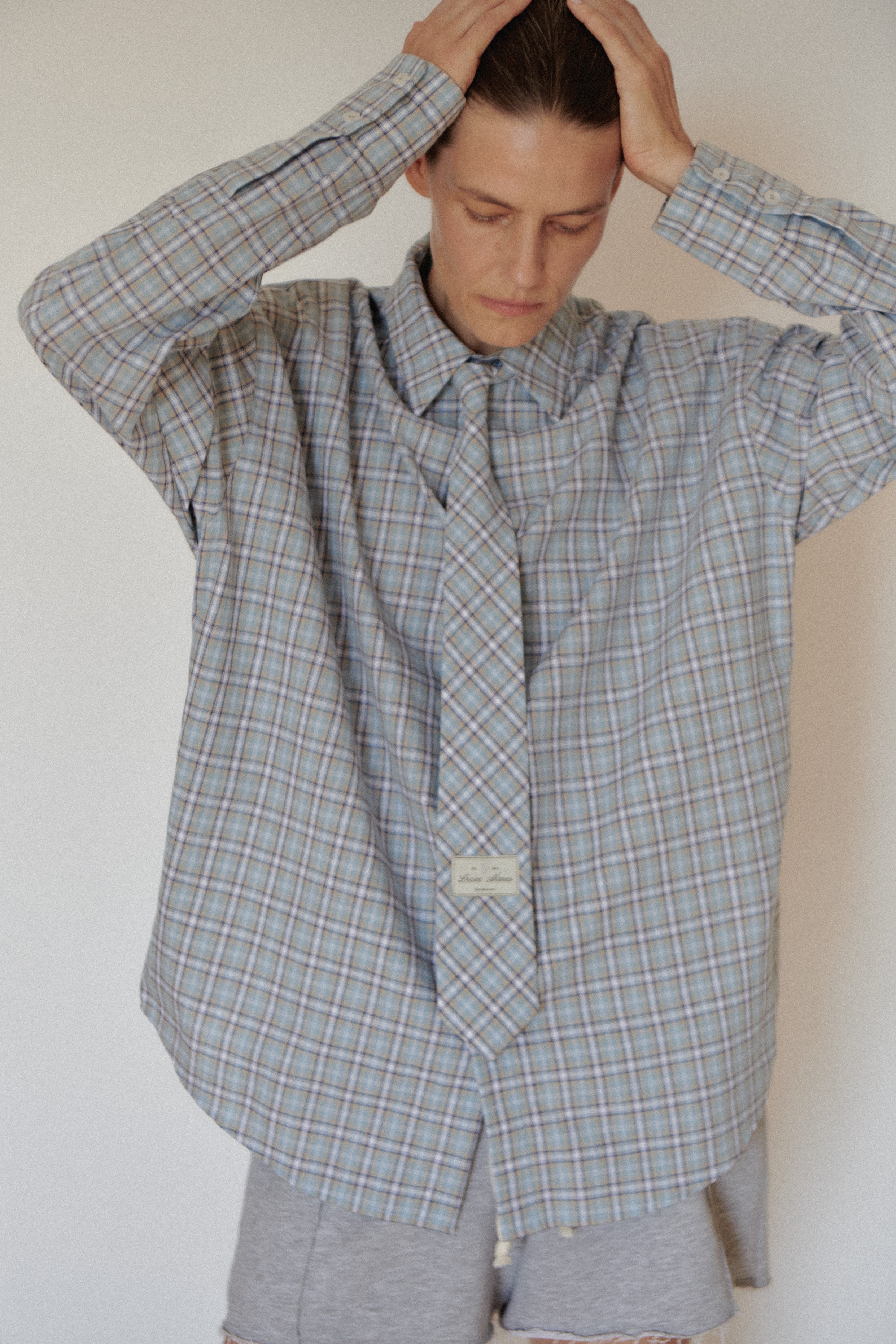 Blue Plaid Oversize Unisex Shirt with Tie