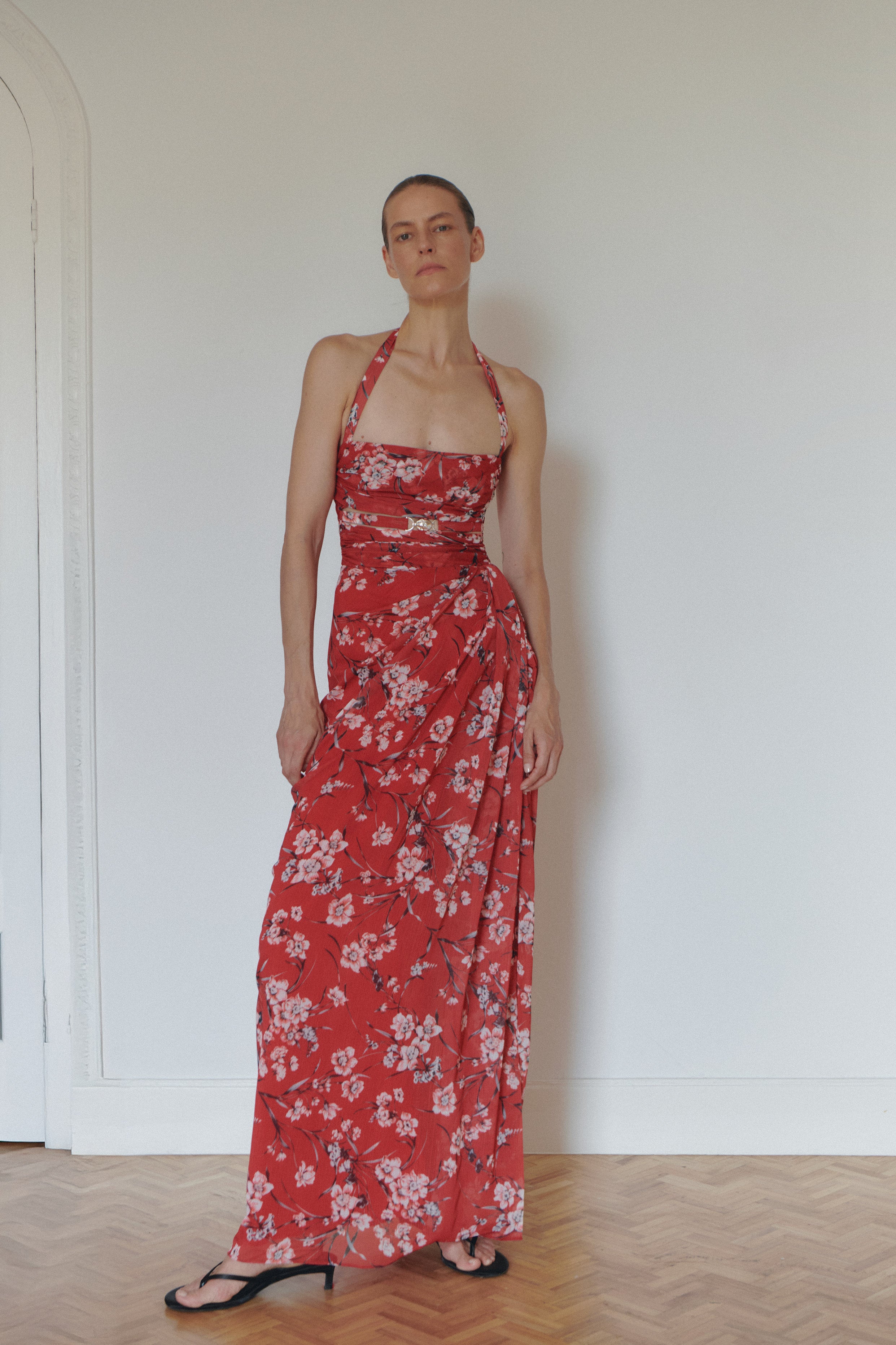 Flower Print Chiffon Dress with Handmade Accesory
