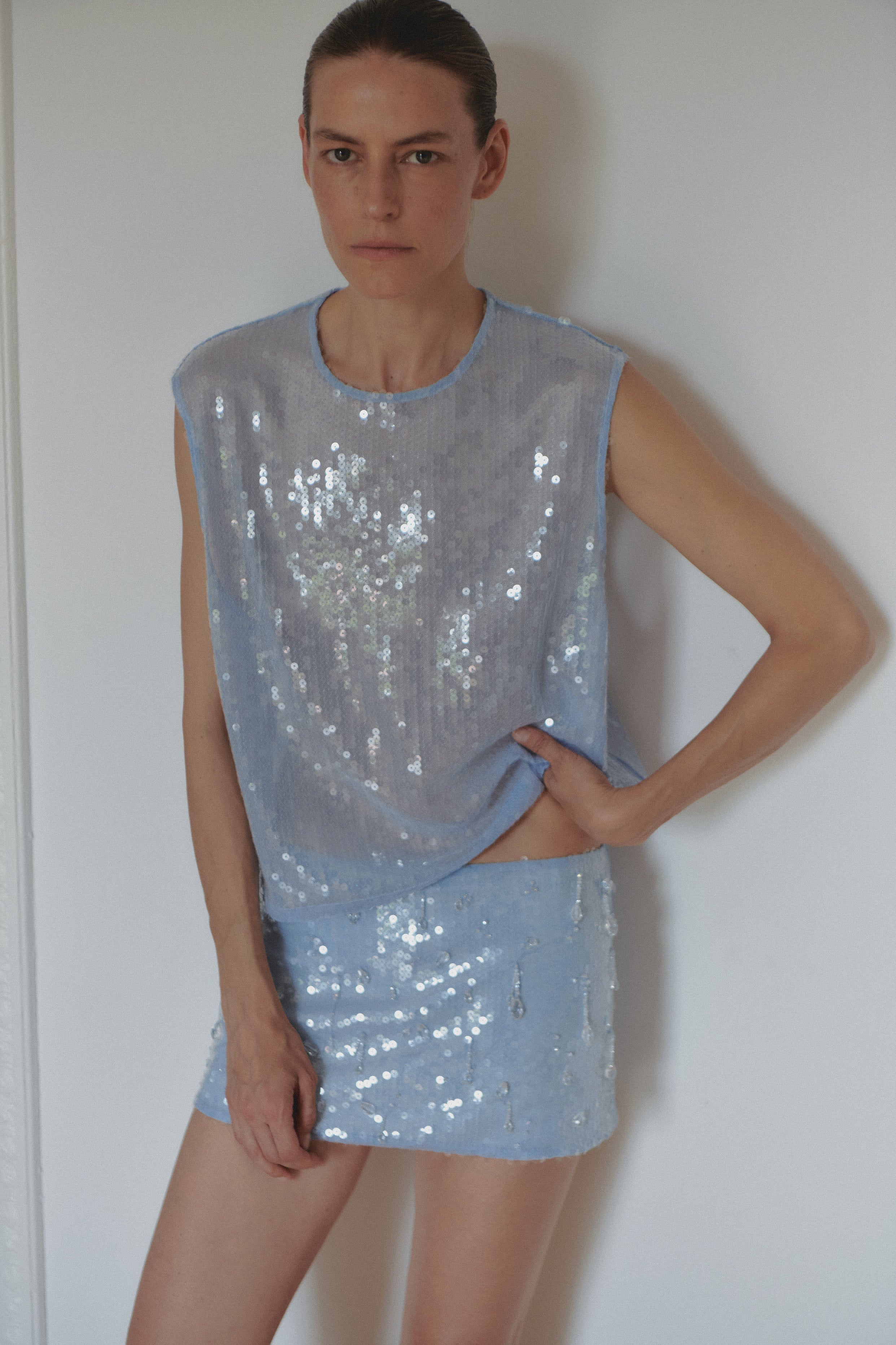 Baby Blue Sequin Mini Skirt