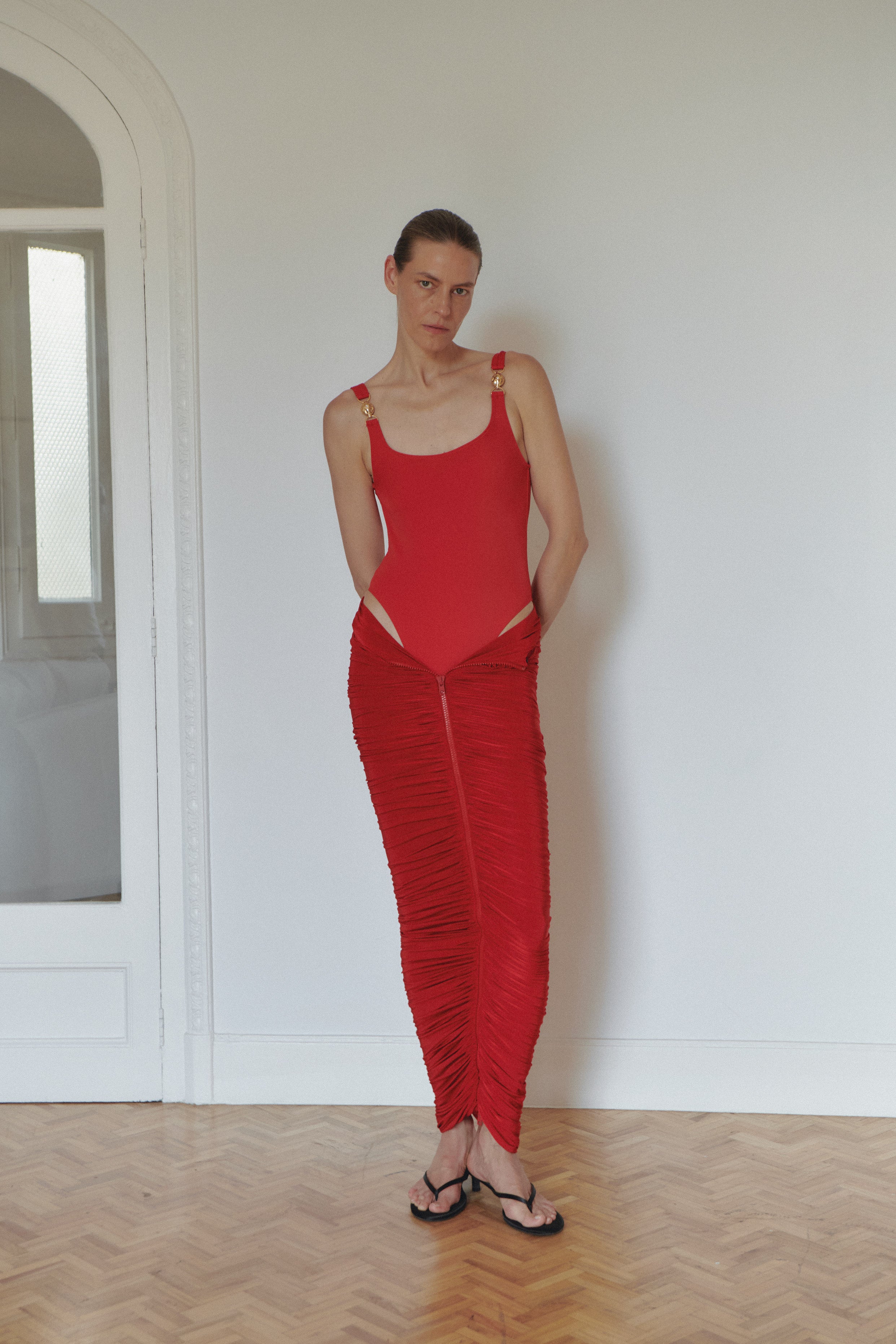 Red Draped Long Skirt with Zipper