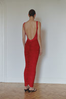Red Draped Long Skirt with Zipper