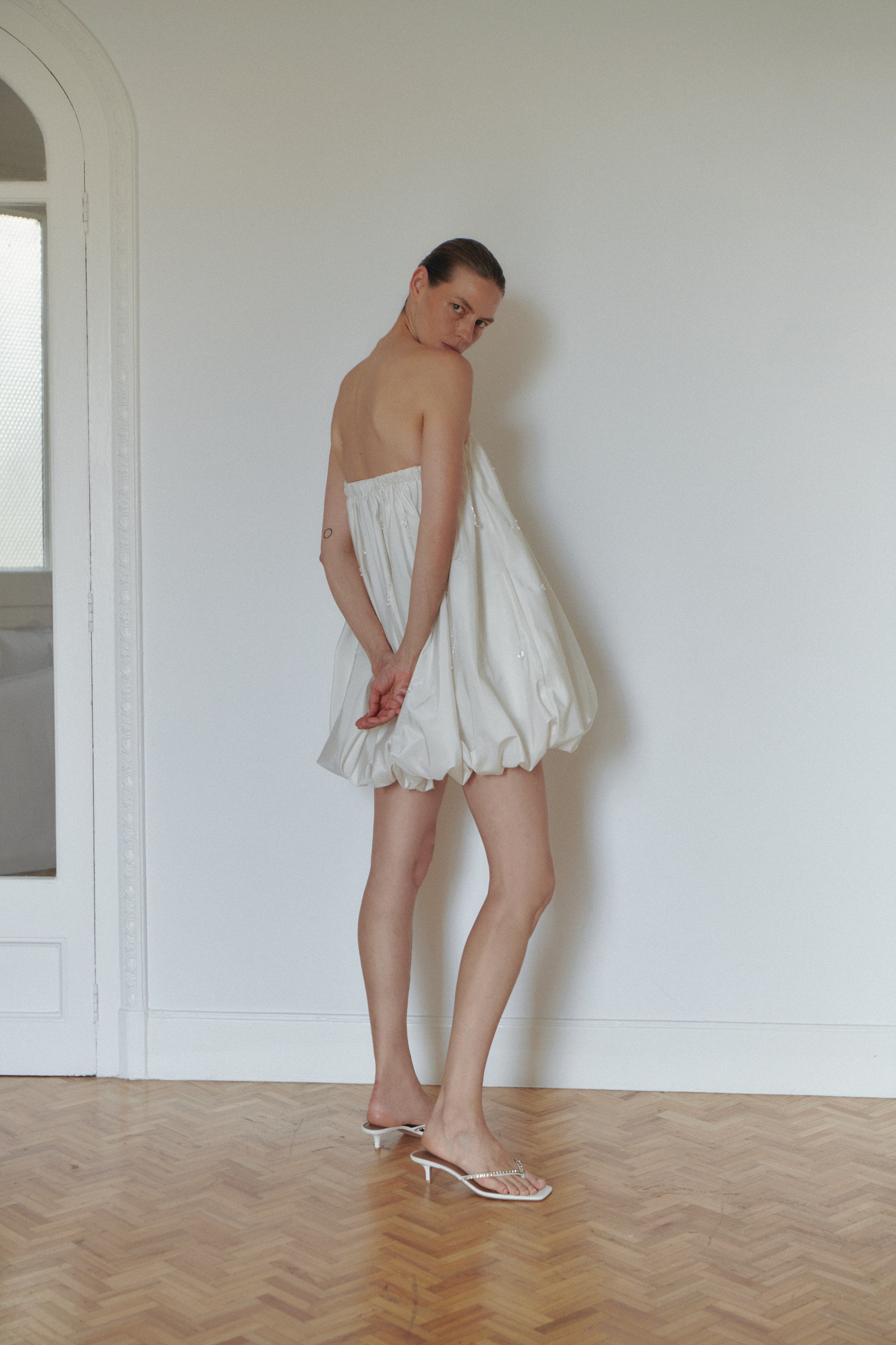 White Mini Baloon Dress with Beads