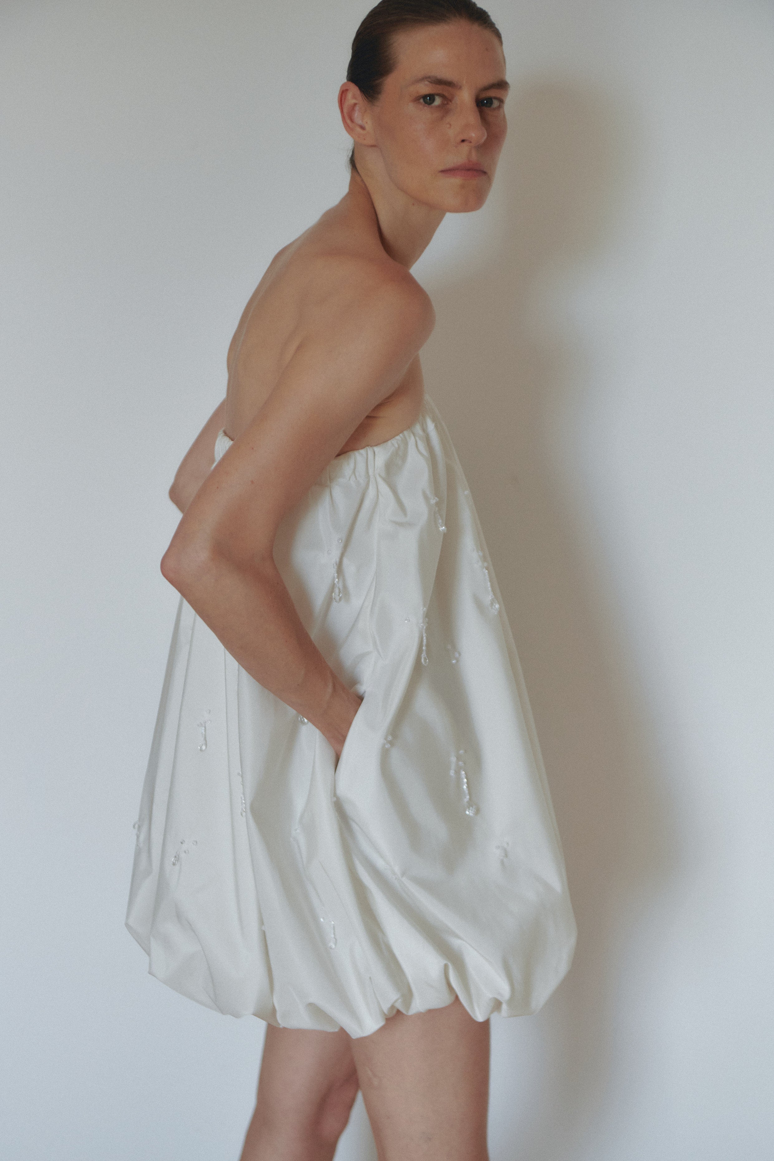 White Mini Baloon Dress with Beads