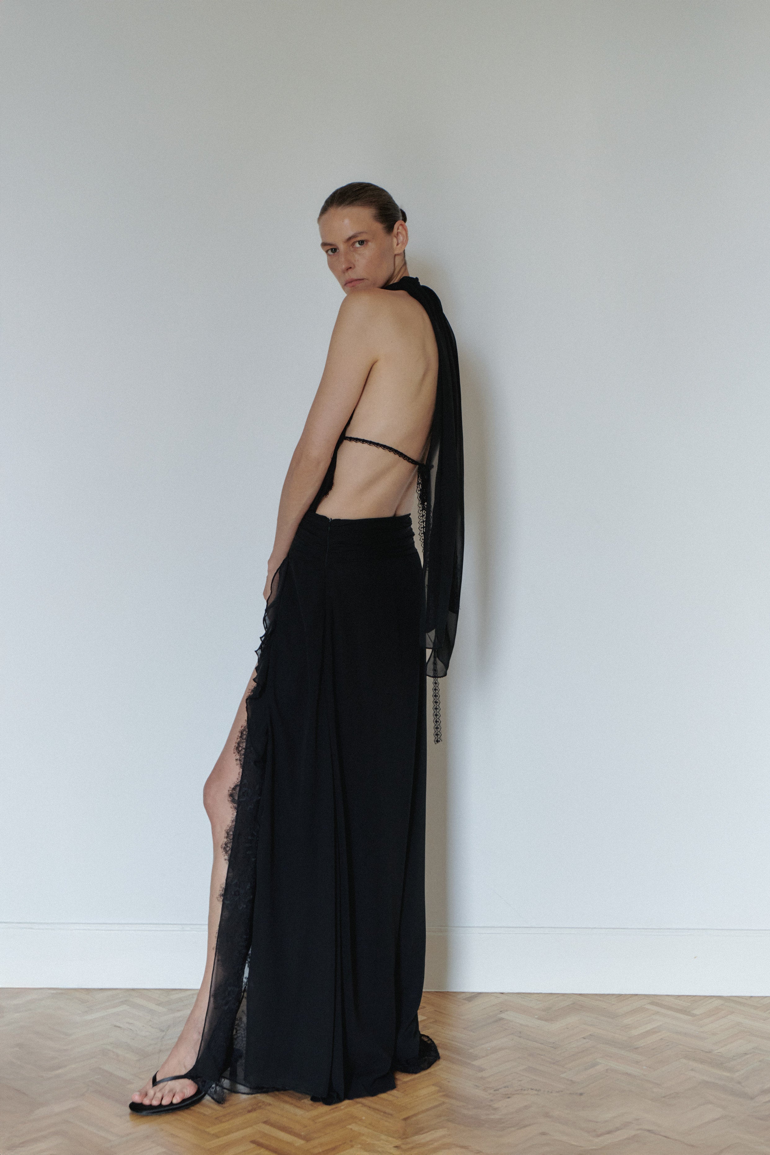 Black Lace Dress with Side Slit LEAM ALMES Black Lace Dress with Side Slit LEAM ALMES