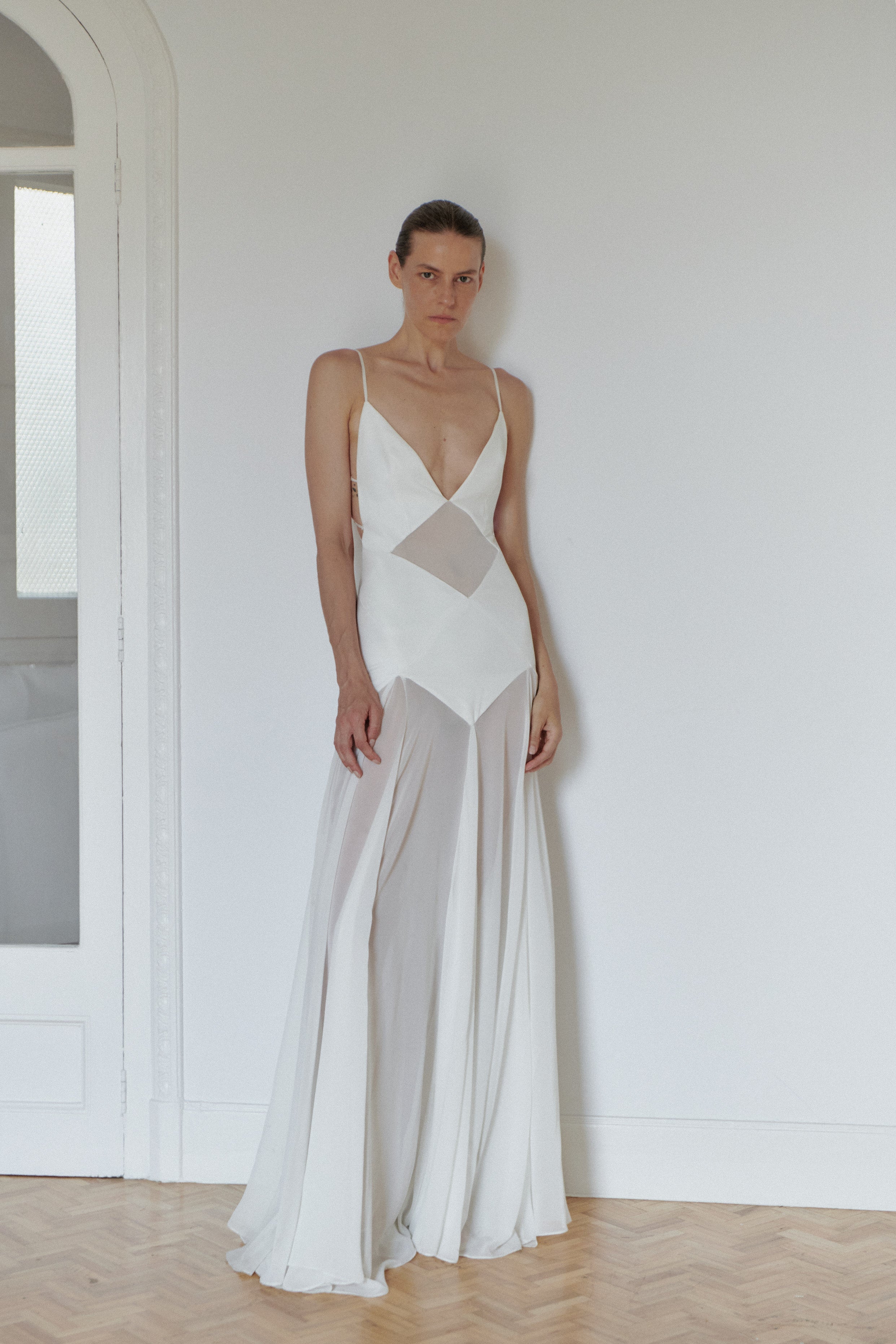 White Long Dress with Open Back and Stripes
