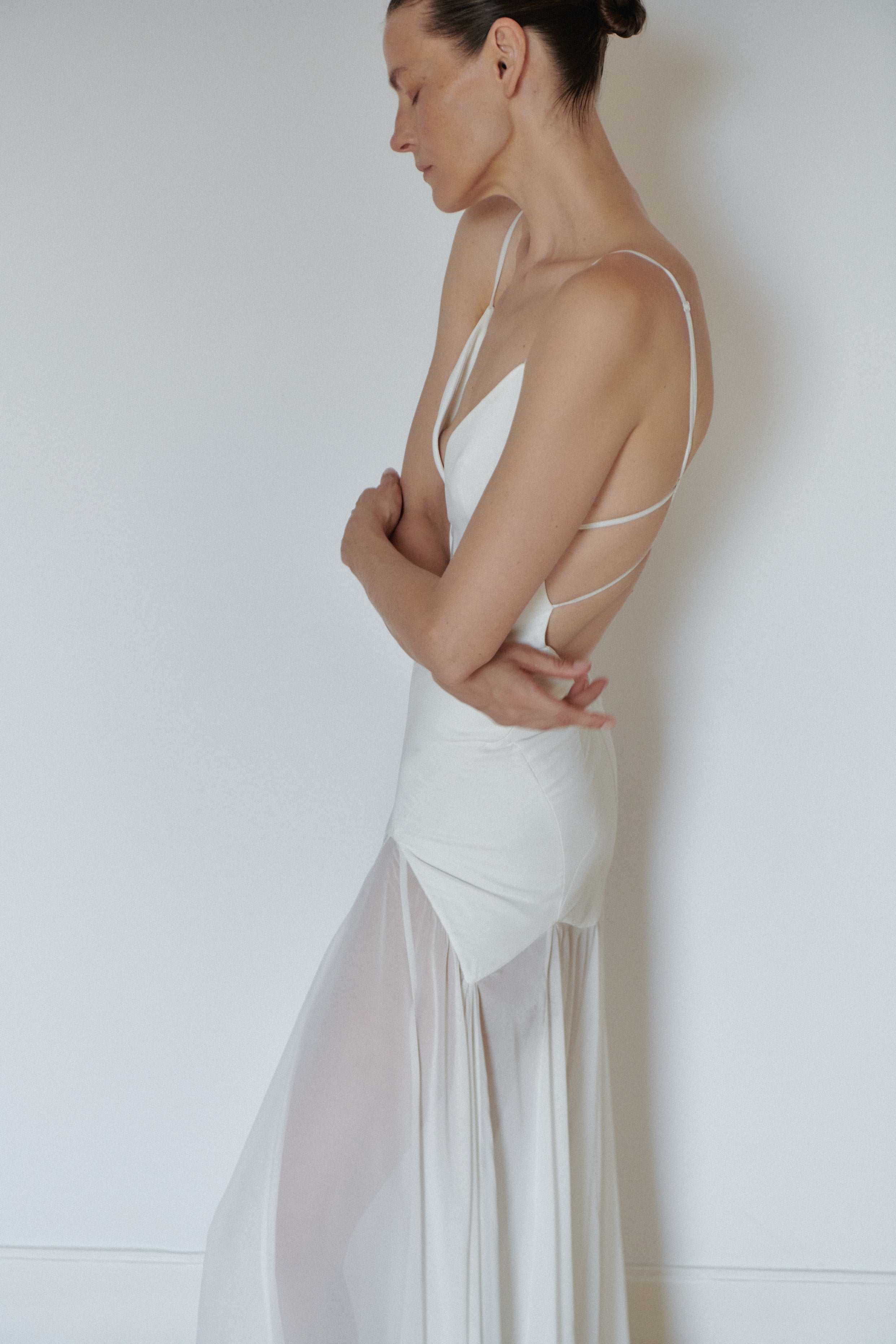 White Long Dress with Open Back and Stripes