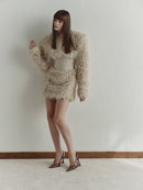 Beige Mini Furry Dress with Corset