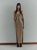 Gold Stone Embellished Strapless Illusion Dress