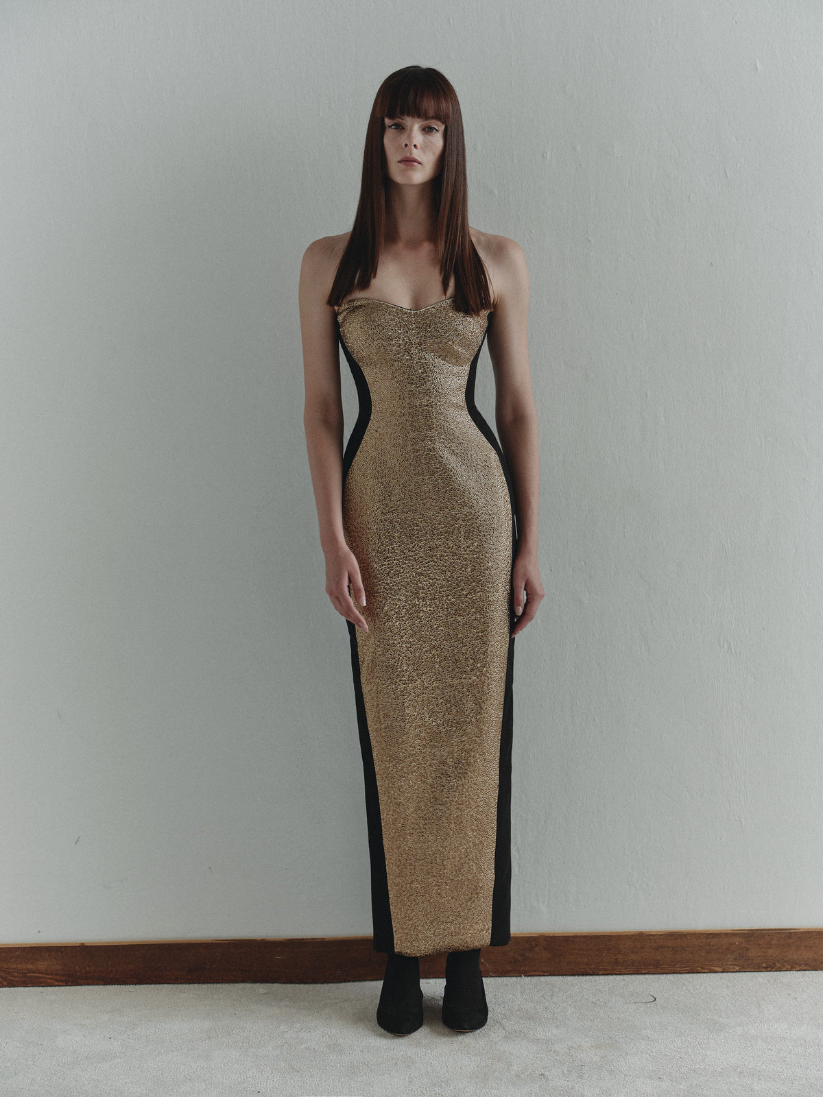 Gold Stone Embellished Strapless Illusion Dress