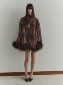 Snake Print Chiffon Mini Dress with Feather Trim