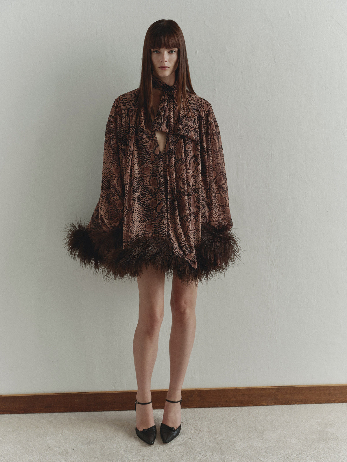 Snake Print Chiffon Mini Dress with Feather Trim