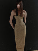 Gold Stone Embellished Strapless Illusion Dress