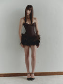 Brown Taffeta Mini Dress with Feather Trim