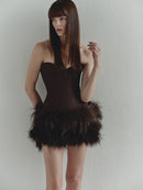 Brown Taffeta Mini Dress with Feather Trim