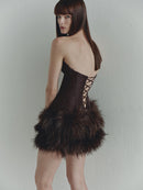 Brown Taffeta Mini Dress with Feather Trim