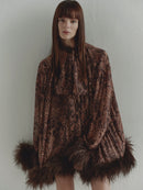 Snake Print Chiffon Mini Dress with Feather Trim