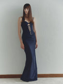 Navy Taffeta Maxi Dress with Eyelet Details