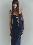 Navy Taffeta Maxi Dress with Eyelet Details