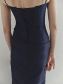 Navy Taffeta Maxi Dress with Eyelet Details