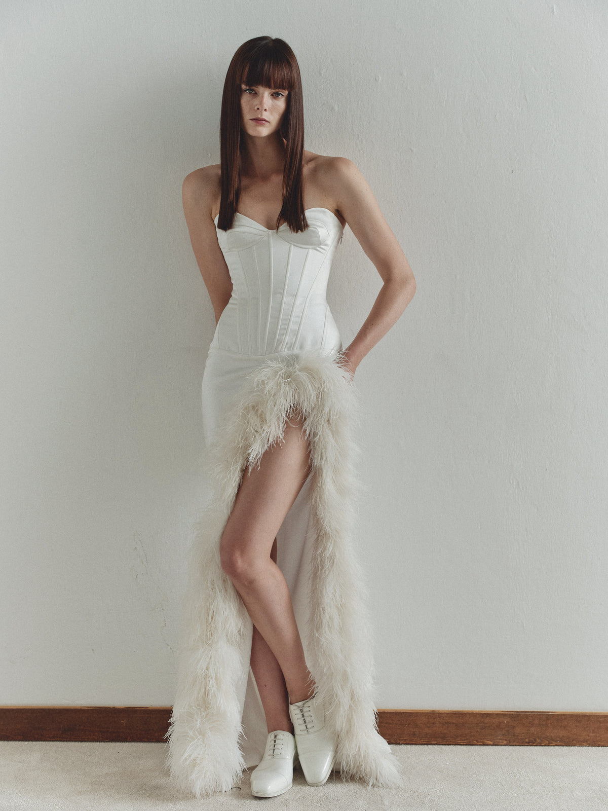 White Strapless Dress with Side Slit and Feather Trim
