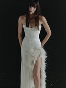White Strapless Dress with Side Slit and Feather Trim