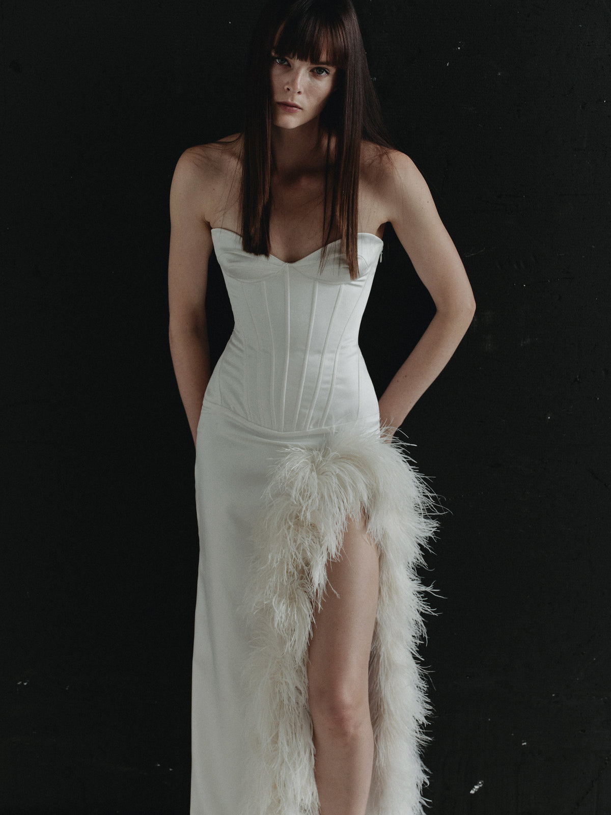 White Strapless Dress with Side Slit and Feather Trim