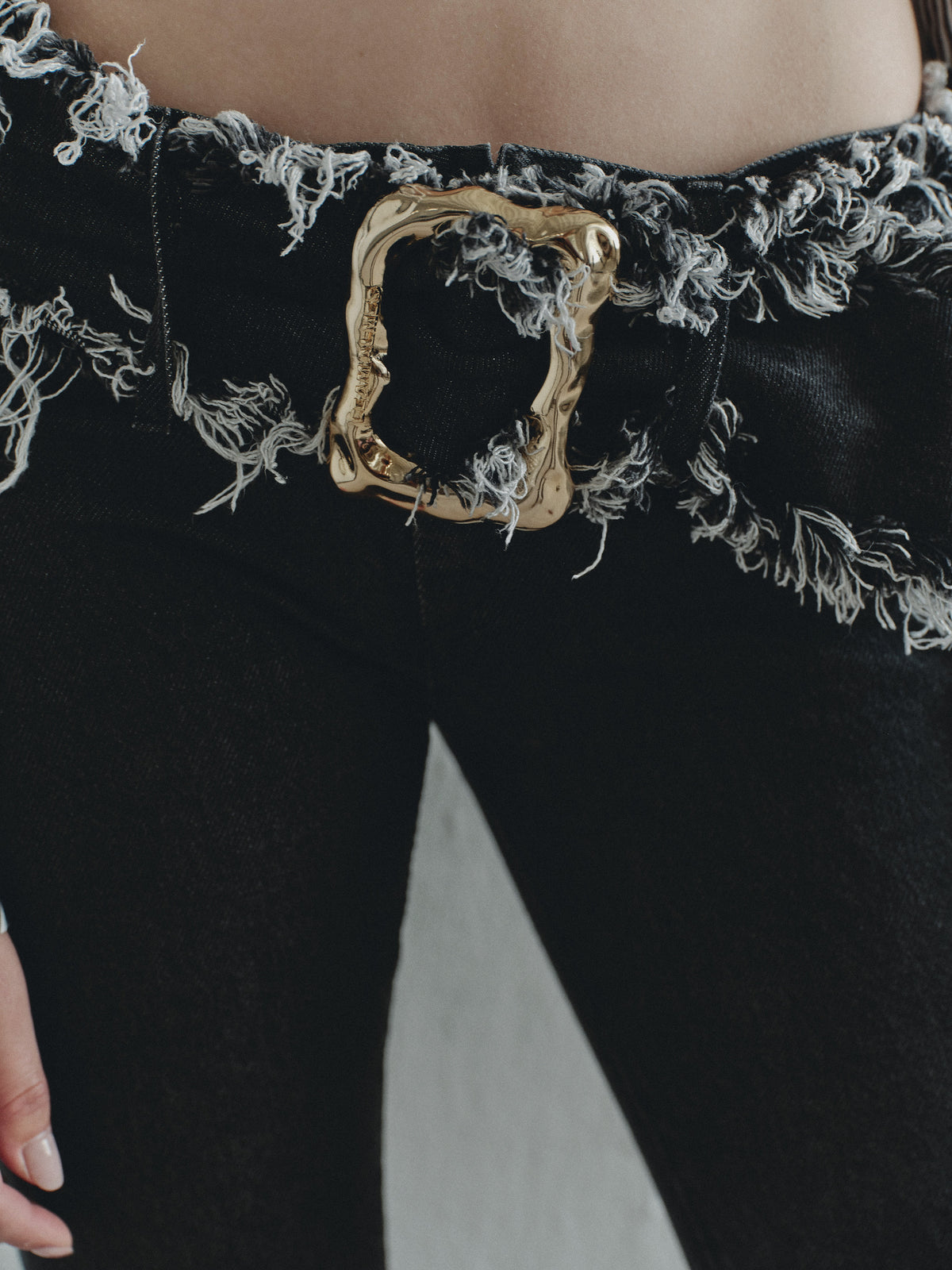 Black Low Waist Denim Pants with  Gold Pleated Hand-Made Belt