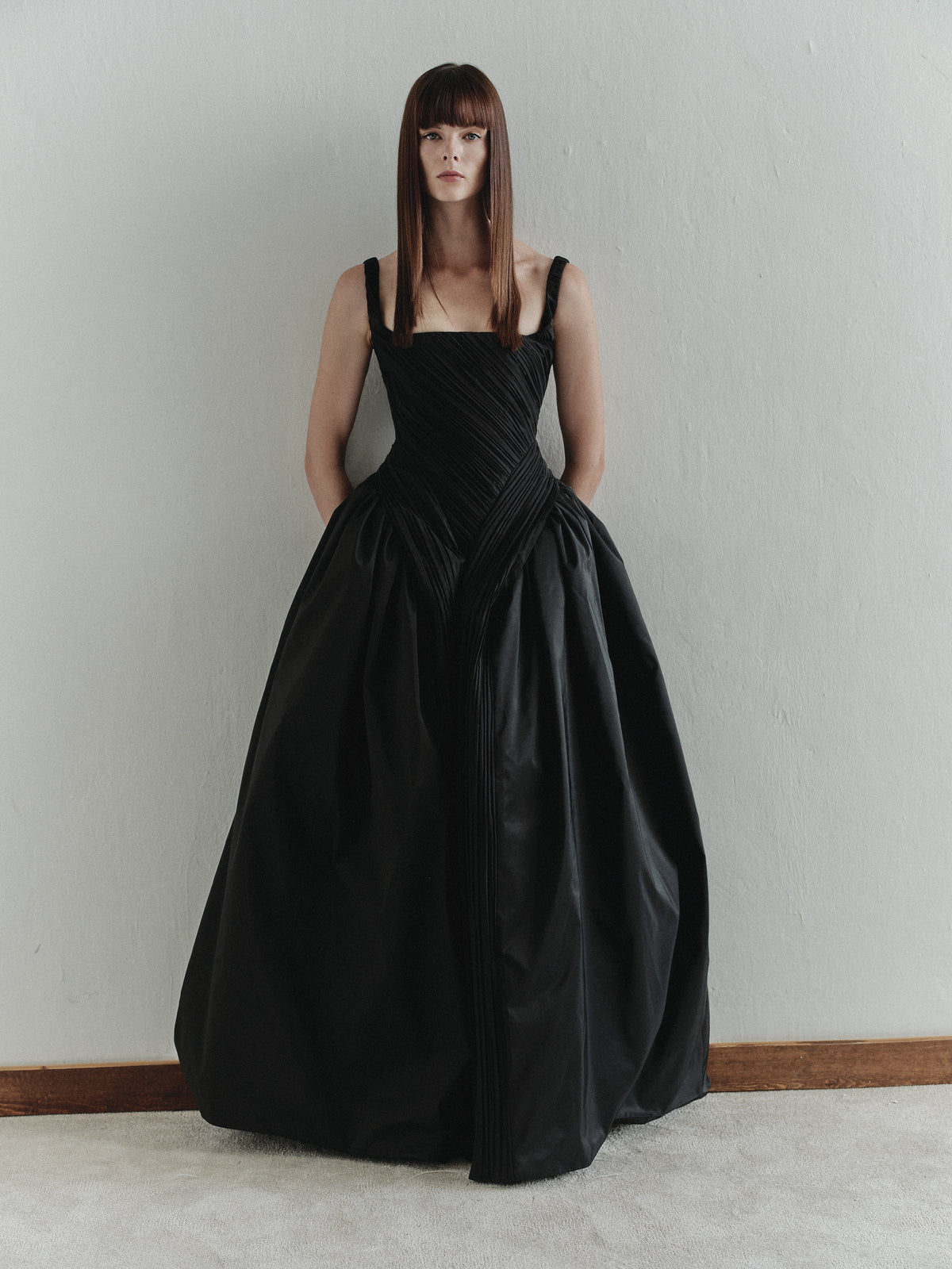 Black Taffeta Maxi Dress with Pleats